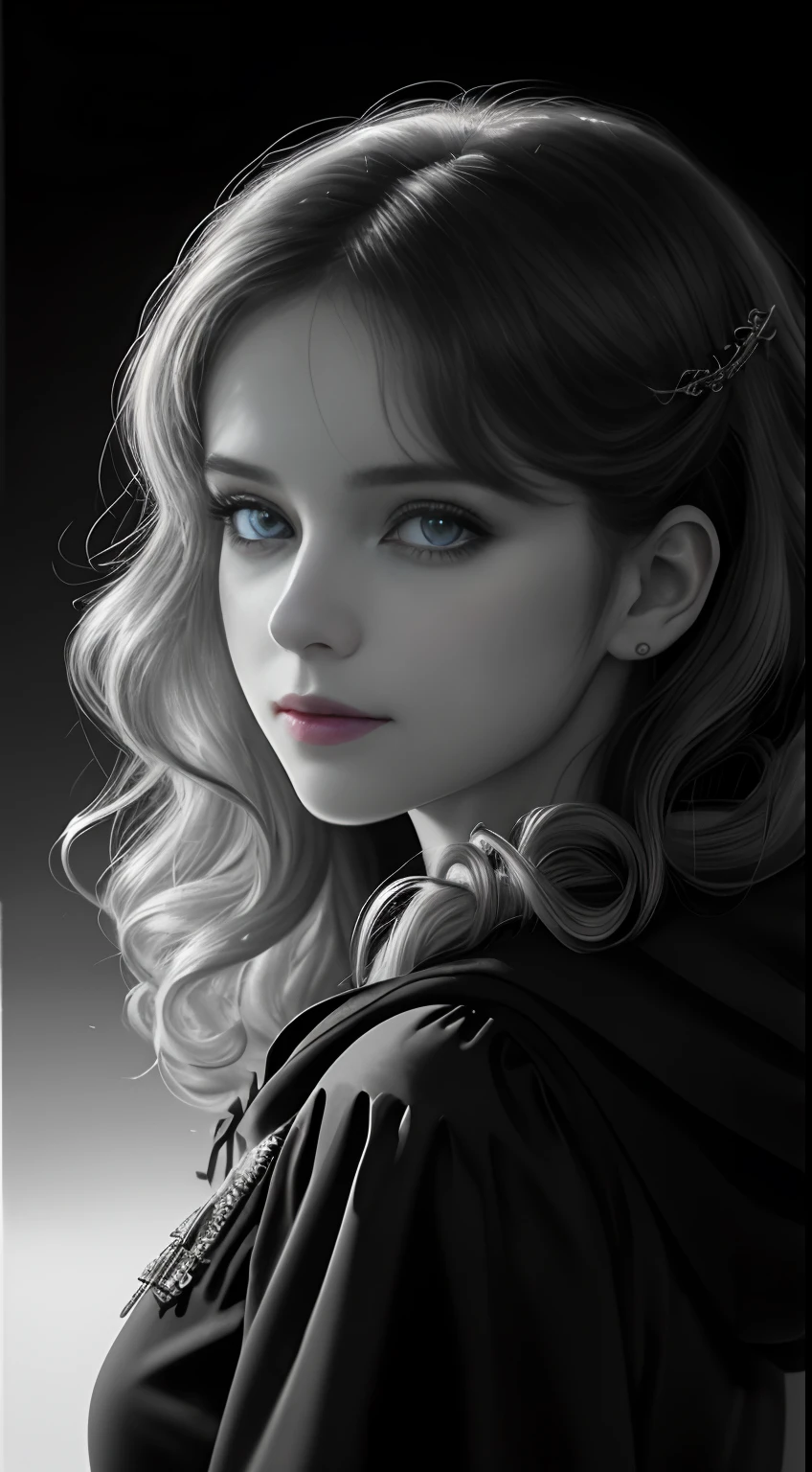 Russian Girl, Trends on ArtStation, Trends on CGSociety, Intricate, High Detail, Clear Focus, Dramatic, Realistic Art of Drawing, by Midjourney and Greg Rutkowski, ((Best Quality)), ((Masterpiece)), High Resolution, Original, Very Detailed Wallpaper, Very Delicate and Pretty, Illustration, Cinematic Light, Volumetric Light, Halo Effect, Light Particles, ((1girl)), beautifuldetailedeyes, longsleeves, hoodie, frills, noshadow, simplebackground, (((black background))), European, bright, (((1980s(style)))), cinema, silhouette, grayscale, monochrome, ((large wavy curls)), slit pupils, (((looking back))), cinematic angles, ((( (close-up))),(((portrait))), lens flare, seductive smile, tarot cards, medium hair