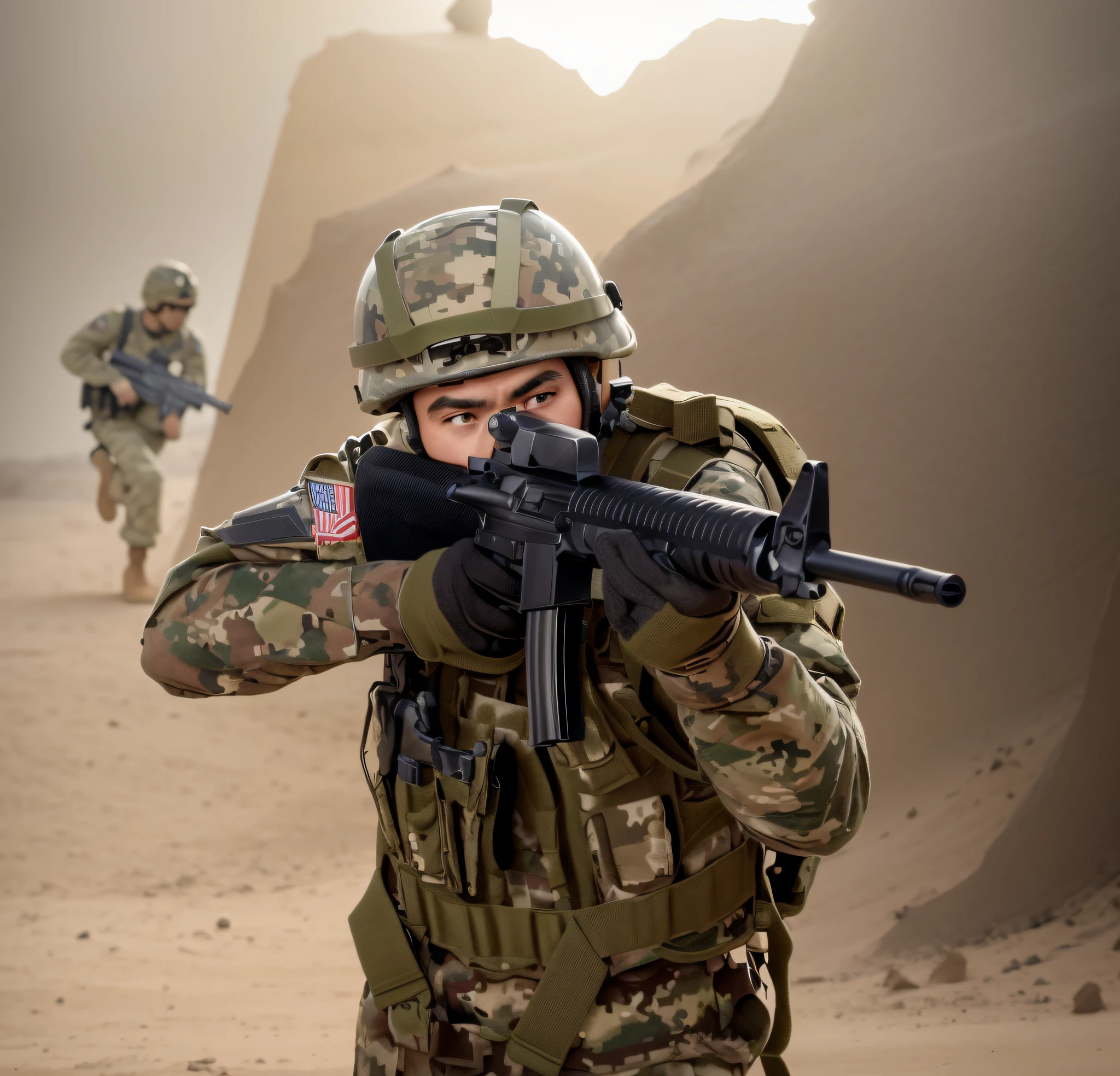 arafed soldier with a gun in his hand and a helmet on, a soldier aiming a gun, airsoft cqb, airsoft gun, shoulder mounted gun, man is carrying a rifle, wielding assault rifle, holding rifle, top shot, airsoft electric pistol, handling riffle on chest, military weaponry, battle action pose, holding a rifle, realistic soldiers