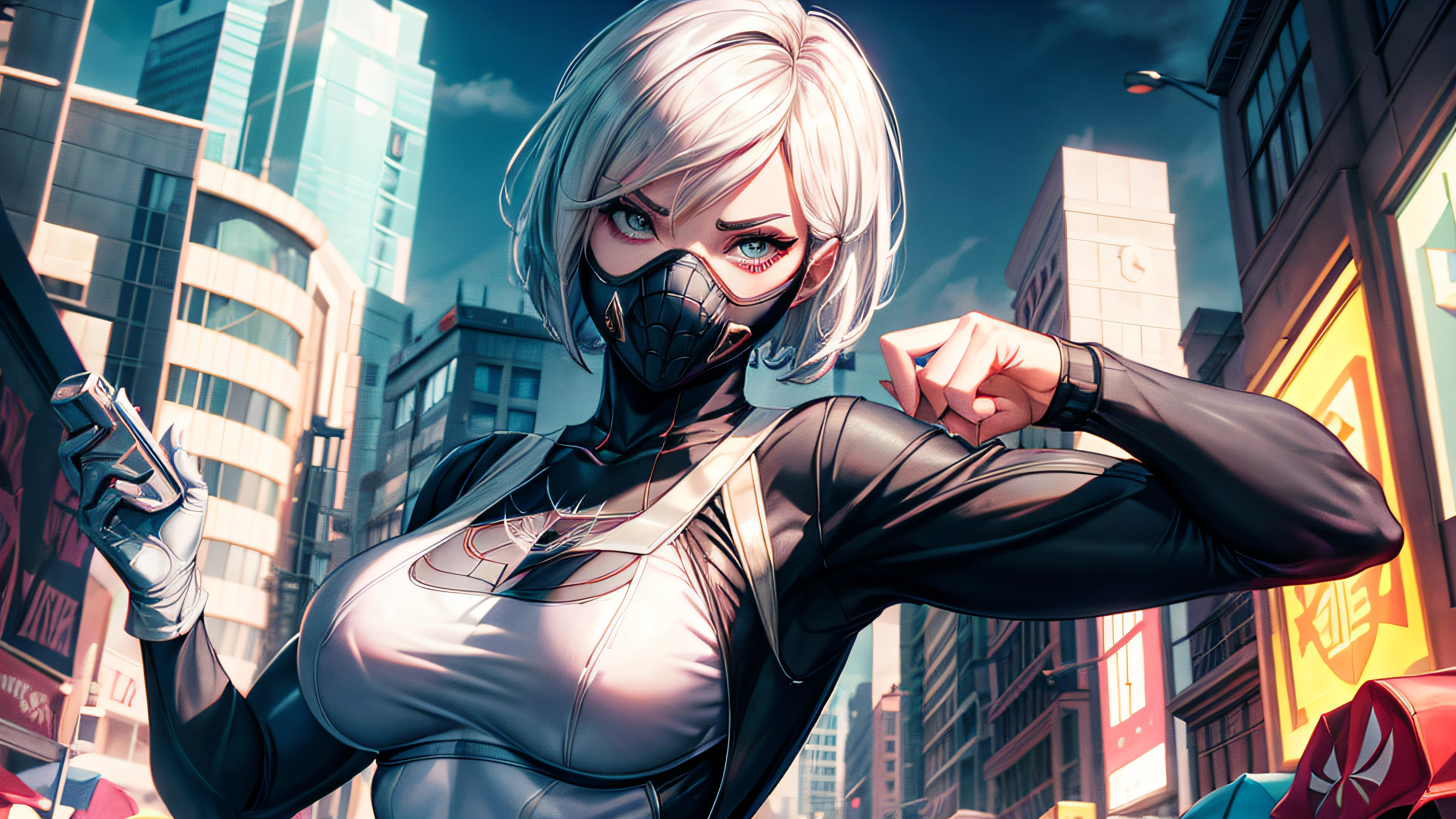 Spidergwen wearing teacher outfit and gasmask , white sports bra , flexing pose , no hoodie , white hair , white eyes ,  masterpiece