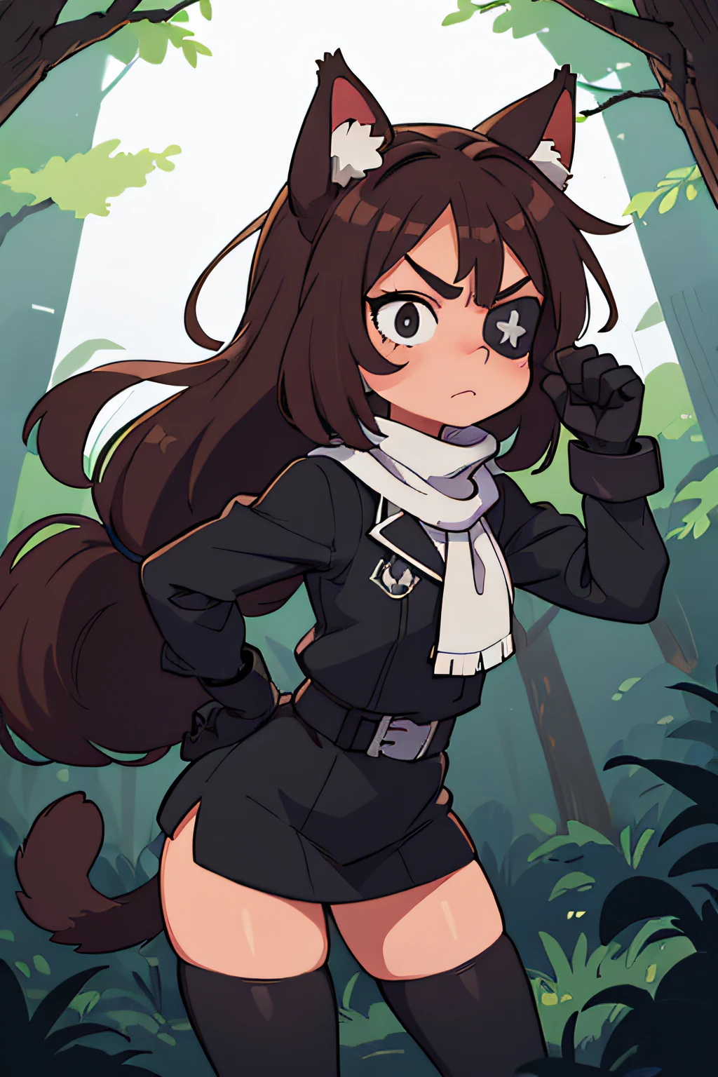 ((beste-Qualit, tmasterpiece)), 
a 1girl, brown hair, untangled tail, wolf ears, black eyes, cat's white pupils, right eye patch, black.black clothes gloves black white belt scarf small black full height cunning face in the forest thick at night