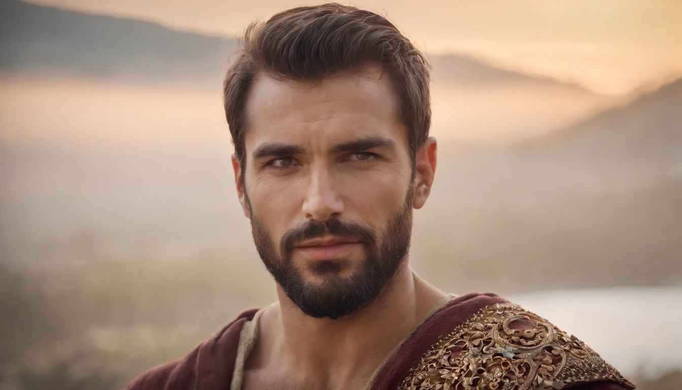 Rosto do homem com olhar poderoso, barba e cabelos castanhos, com roupas de rei, usando coroa de ouro com pedras preciosas, Profile muscles, Realistic, cinemactic, fundo escuro que representa Jerusalem