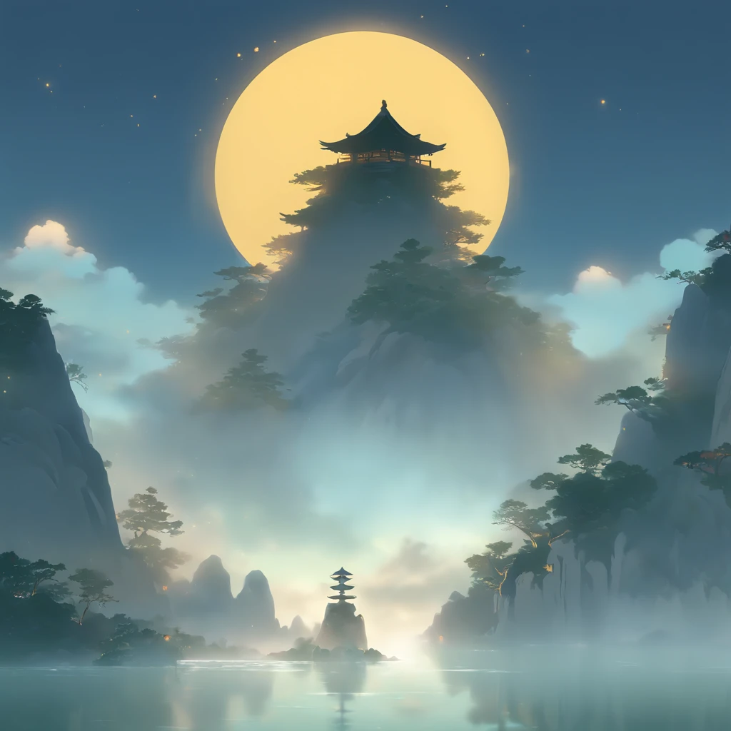 unmanned , outdoors , night , dream ,( dense fog :1.4), circular moon , mountain , river , the golden bough , sky , gold decoration ,
( minimalism :1.4), chinese classical art , yellow long upper shan , movie poster , a minimalist background ,3D, clean screen ,
 Best quality , perfect lighting , Masterpiece , Official art ,8k, wallpar 
 huge filesize , huge file size , super Detailed , oc renderer ,
 symmetrical shopping ,