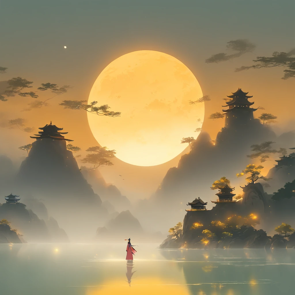 unmanned , outdoors , night , dream ,( dense fog :1.4), circular moon , mountain , river , the golden bough , sky , gold decoration ,
( minimalism :1.4), chinese classical art , yellow long upper shan , movie poster , a minimalist background ,3D, clean screen ,
 Best quality , perfect lighting , Masterpiece , Official art ,8k, wallpar 
 huge filesize , huge file size , super Detailed , oc renderer ,
 symmetrical shopping ,
