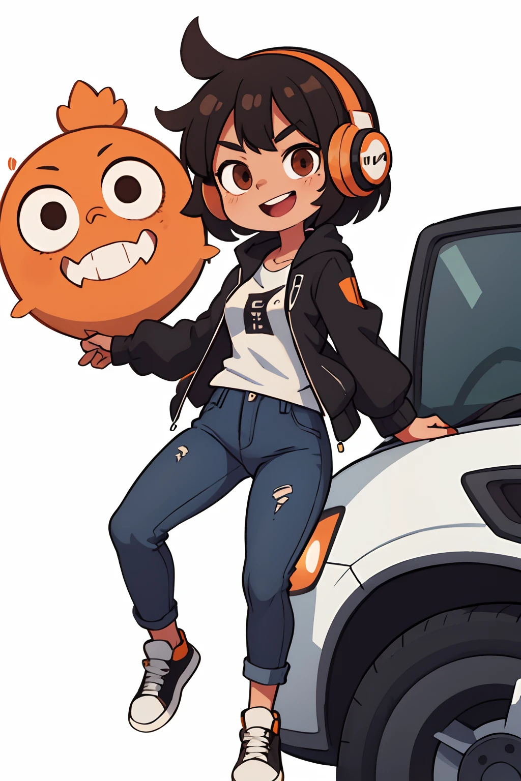 1 girl, Cheerful face, white tshirt, black jacket, Grey jeans, black sneakers, brown short hair, brown eye, Orange headphones