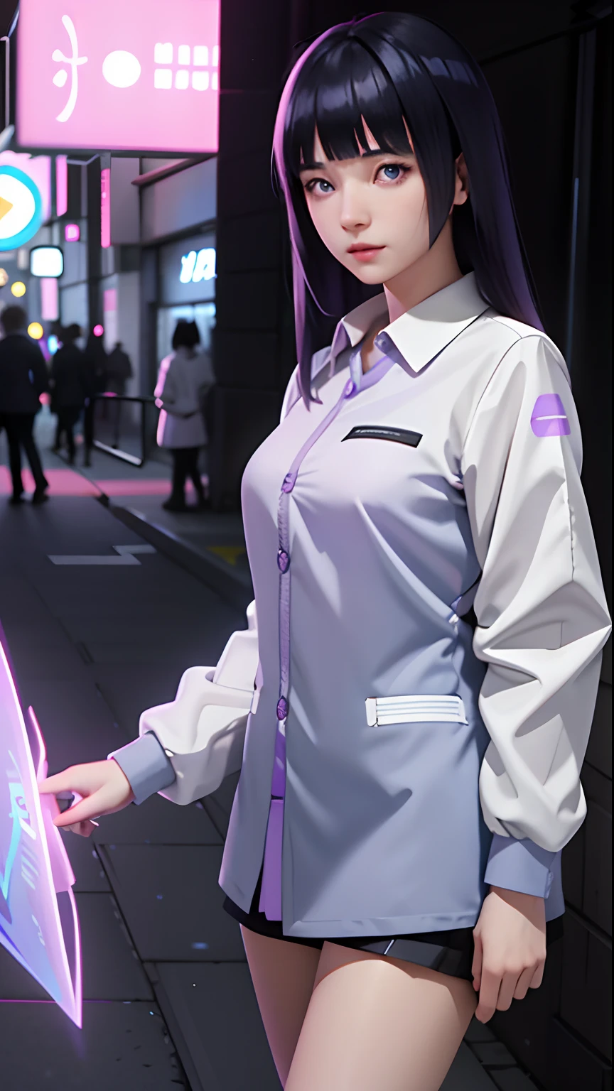 cute young woman, ultra high quality, volumetric, bioluminescence, luminism, pink-lavender, global illumination, ambient occlusion, masterpiece, art by Ilya Kuvshinov, omimoji, busy image, Tokyo anime awards winner, octane render, unreal engine 5,Blunt Bangs, purple eyes, long dark blue hair