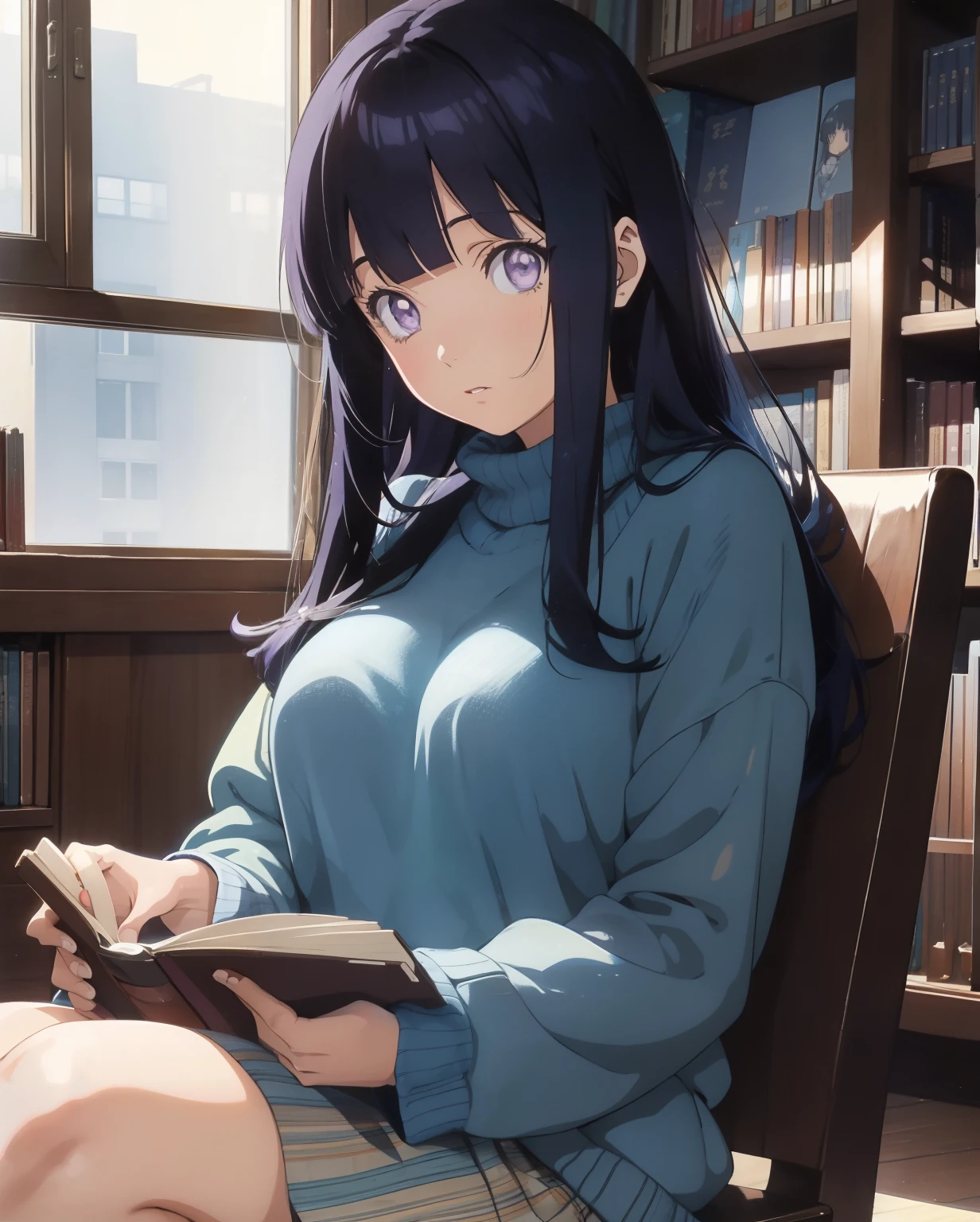 (masterpiece, 1980's anime illustration:1.1), sweet girl with long dark blue hair wearing oversized knit sweater, sitting cross-legged on floor of bookshop, open book in lap, reading intently, surrounded by stacks of old books, afternoon sun streaming in through window, illuminating floating dust in air, creating a cozy atmosphere, detailed old bindings on books, patterned rug on hardwood floor, retro anime style, warm lighting,Blunt Bangs, purple eyes, long dark blue hair