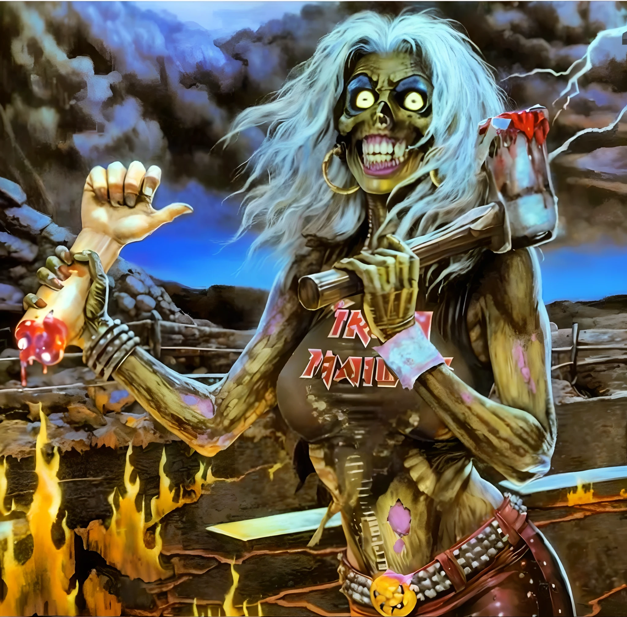 a painting of a woman with a knife and a knife in her hand, 1 9 8 0's heavy metal album art, Motivos de donzela de ferro brega, Donzela de Ferro, iron maiden album cover, donzela, thrash metal, estilo de arte heavy metal, arte em heavy metal, metal album cover art, Directed by: Ron Walotsky, arte da capa dos quadrinhos de heavy metal, heavy metal album cover