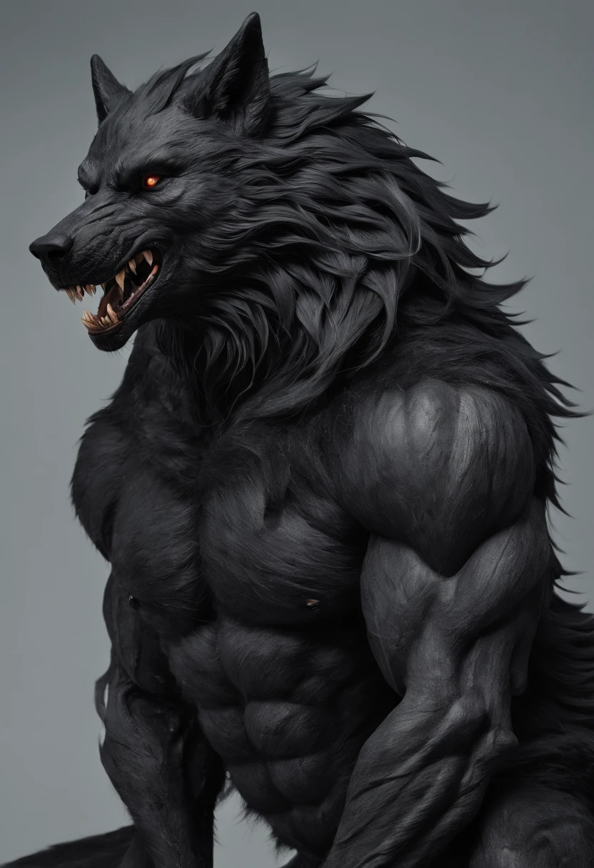 Perspective from below black wolf naked male furry legs apart looking down blue background squat pose blue eyes serious look claws on knees fluffy tail scars growling salivating