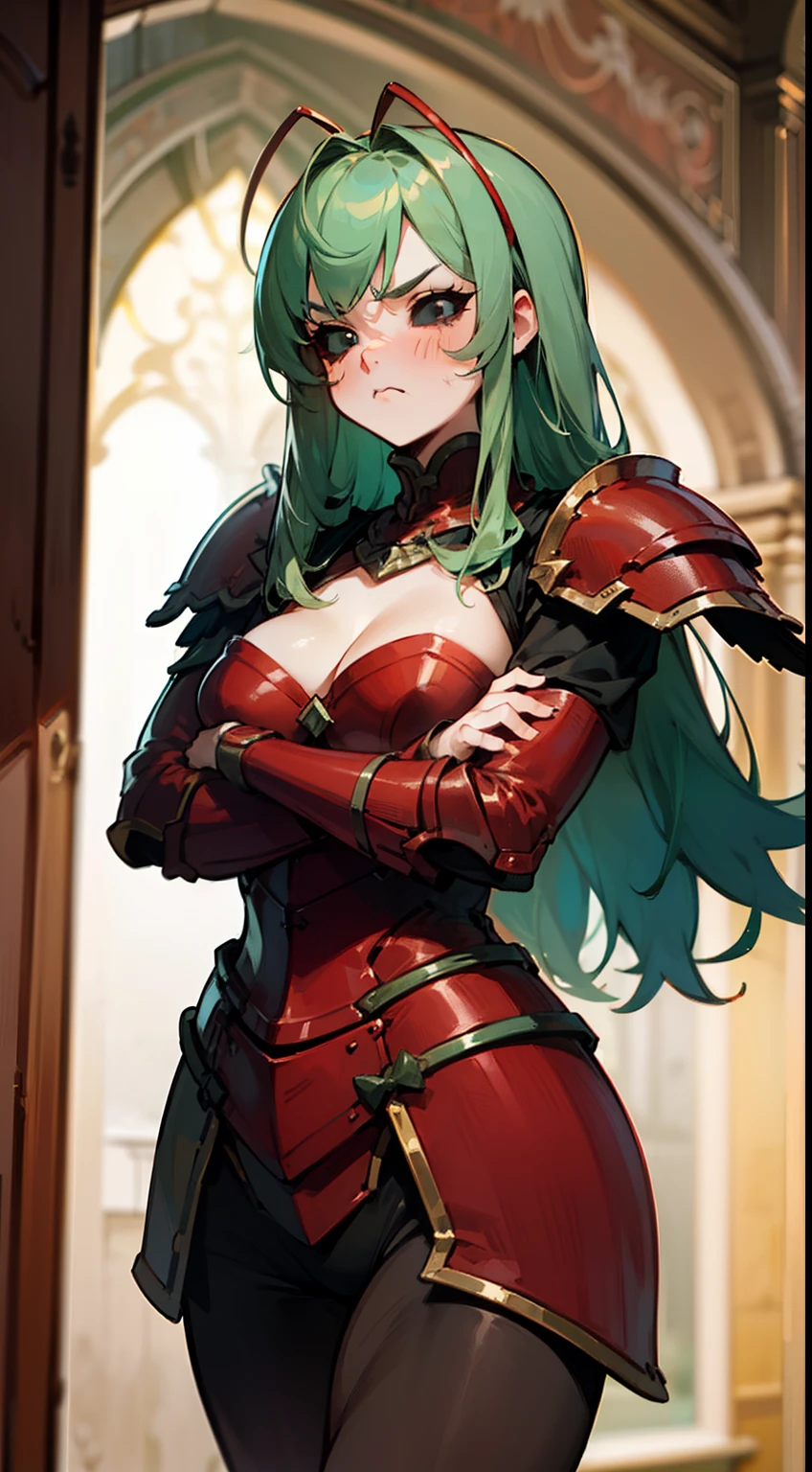 (Original Character,8k, Masterpiece, Best Quality,Detailed, Beautiful Detailed Eyes, solo),mature female,tall, fine skin,cleavage,blush,cowboy shot,black eyes,black sclera,light green hair,long hair,(hair 2antennas),standing a room in castle,((red armor)),crossed arms,black pantyhose, angry face,