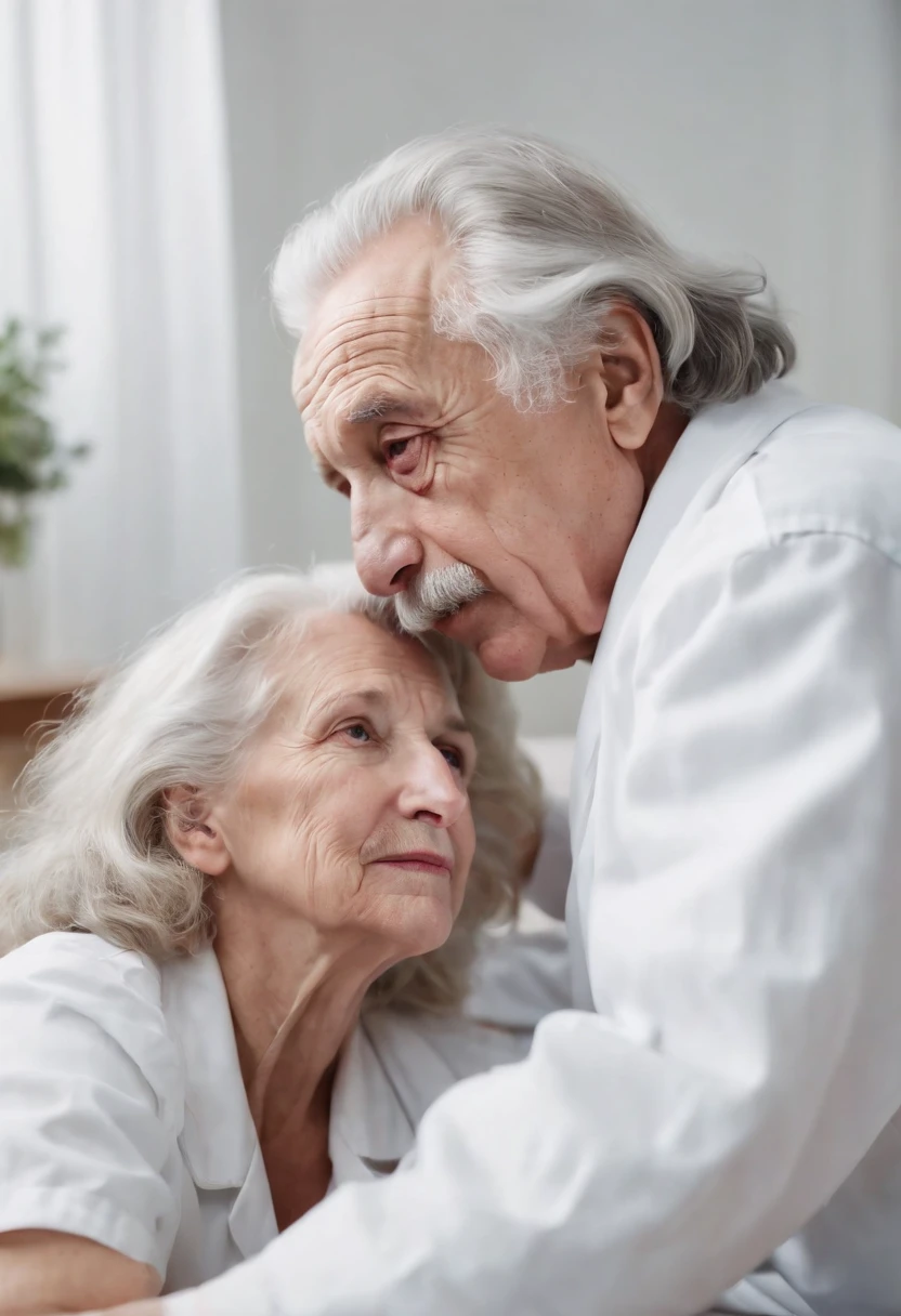 Albert Einstein whispering in nurse ear while lying on bed, high quality, ultra wide shot, room environment, vintage