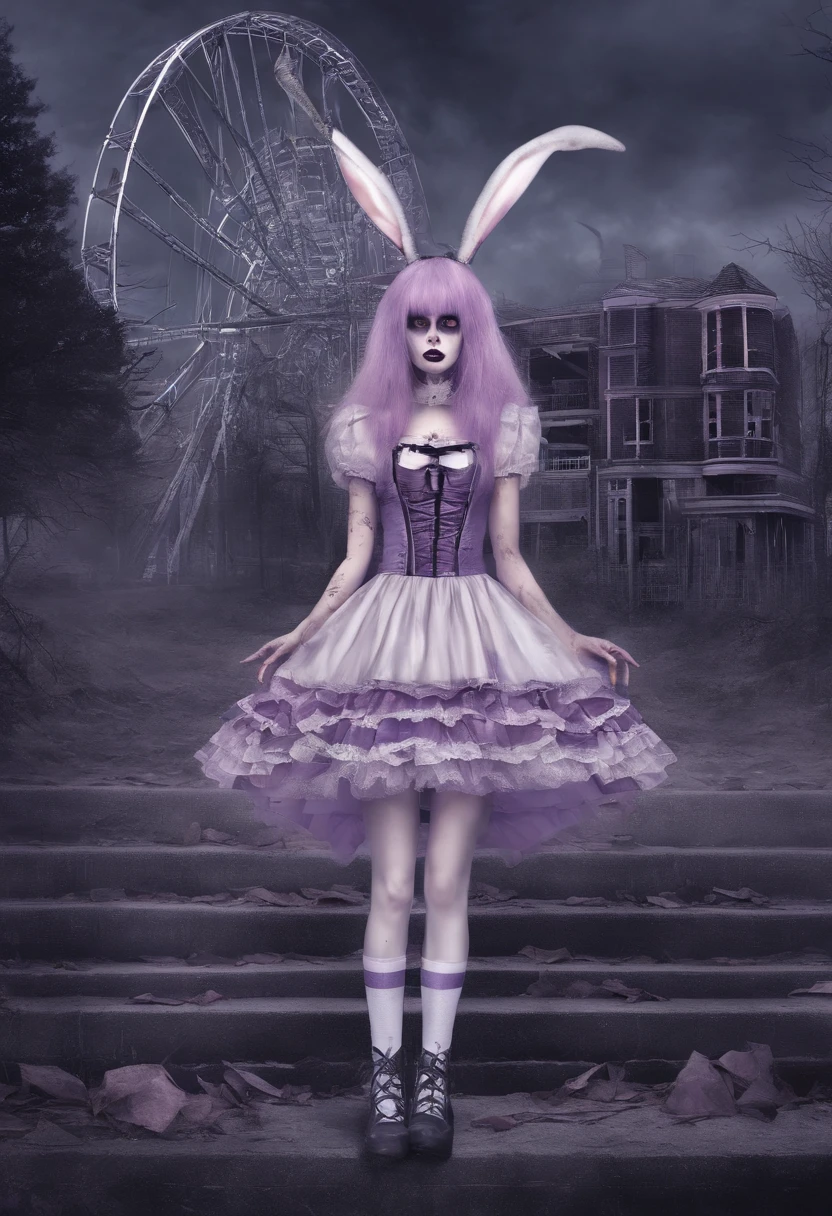 bunny girl, rose hair, pink hare ears and tail, purple dress with a short skirt, black knee socks with white stripes, lilac iris in the eyes, White Boots, Against the backdrop of a dead amusement park