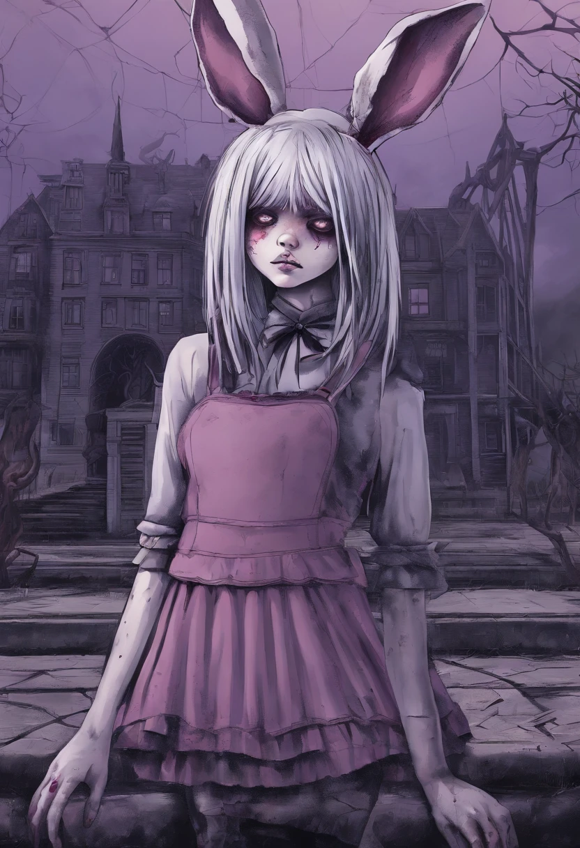 bunny girl, rose hair, pink hare ears and tail, purple dress with a short skirt, black knee socks with white stripes, lilac iris in the eyes, White Boots, Against the backdrop of a dead amusement park