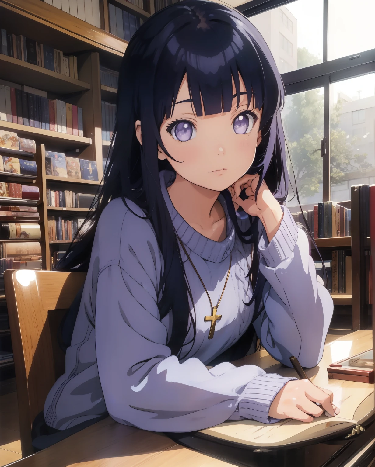 (masterpiece, 1980's anime illustration:1.1), sweet girl with long dark blue hair wearing oversized knit sweater, sitting cross-legged on floor of bookshop, open book in lap, reading intently, surrounded by stacks of old books, afternoon sun streaming in through window, illuminating floating dust in air, creating a cozy atmosphere, detailed old bindings on books, patterned rug on hardwood floor, retro anime style, warm lighting,Blunt Bangs, purple eyes, long dark blue hair