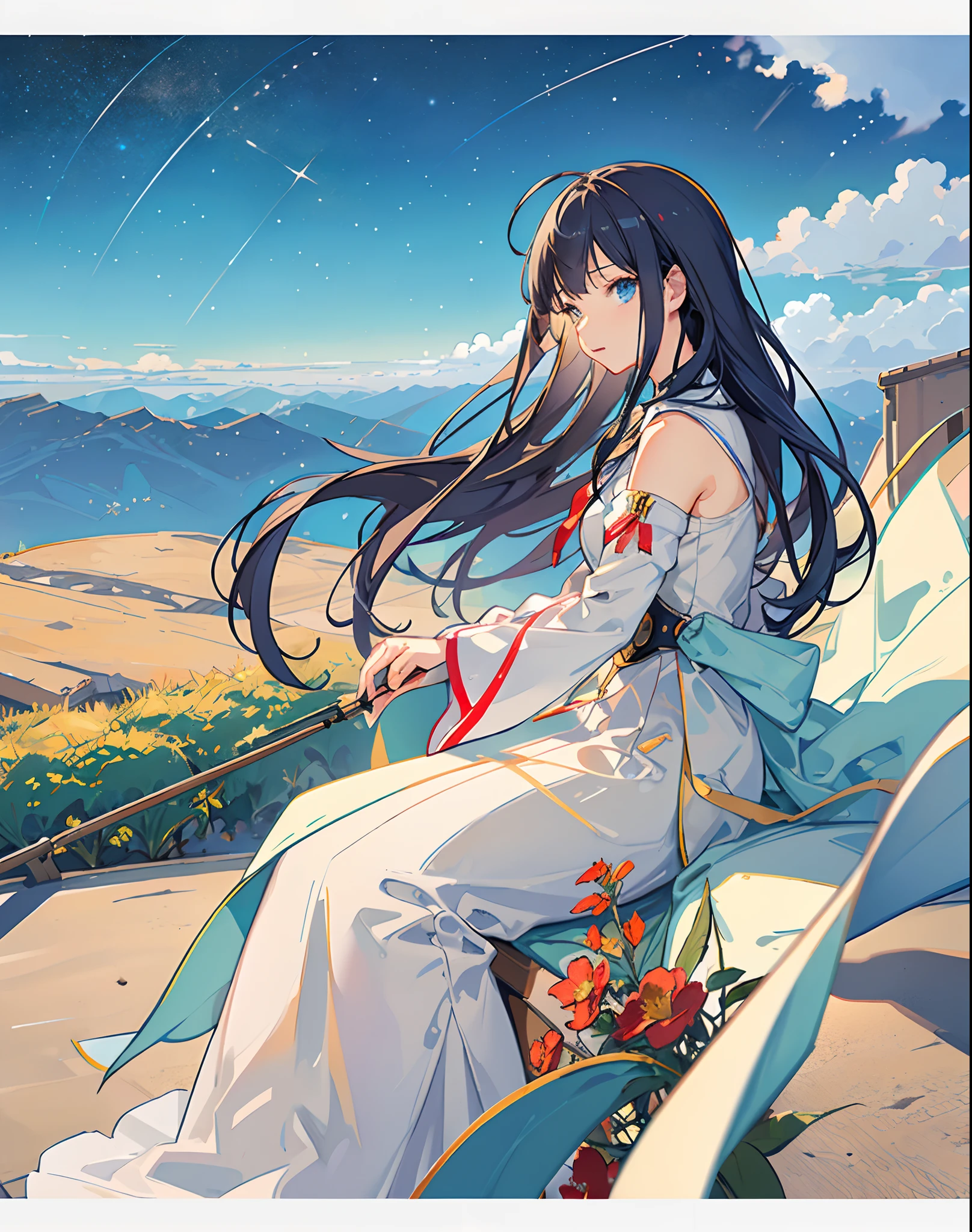 best quality, masterpiece, extremely detailed, detailed background, anime, 1girl, young girl, short girl, sci-fi, science fiction, outdoors, night, starry sky, greenhouse, megastructure, bio-dome, landscape, scenery, horizon, rooftop, sitting on rooftop, wind, looking away, atmospheric lighting, solo focus, close up, from side, depth of field, bokeh
