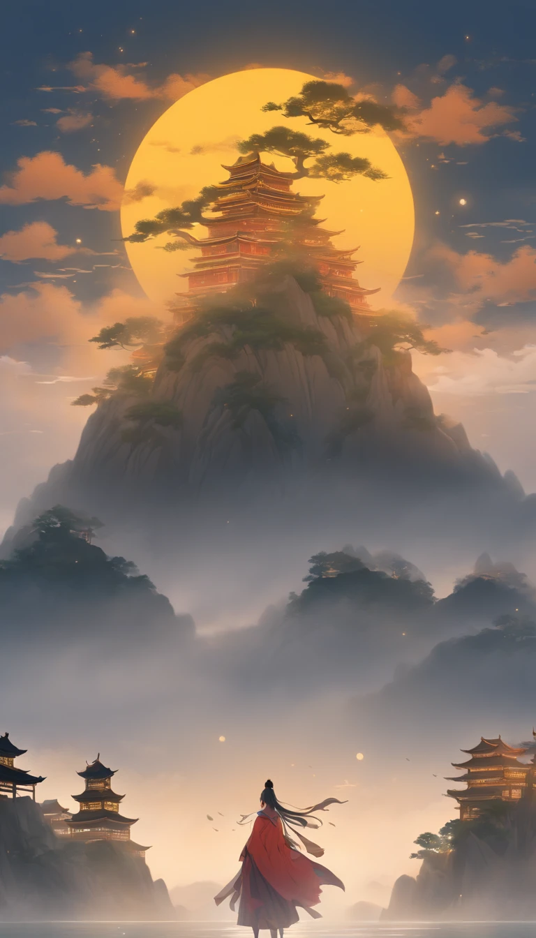 unmanned , outdoors , night , dream ,( dense fog :1.4), circular moon , mountain , river , the golden bough , sky , gold decoration ,
( minimalism :1.4), chinese classical art , yellow long upper shan , movie poster , a minimalist background ,3D, clean screen ,
 Best quality , perfect lighting , Masterpiece , Official art ,8k, wallpar 
 huge filesize , huge file size , super Detailed , oc renderer ,
 symmetrical shopping ,