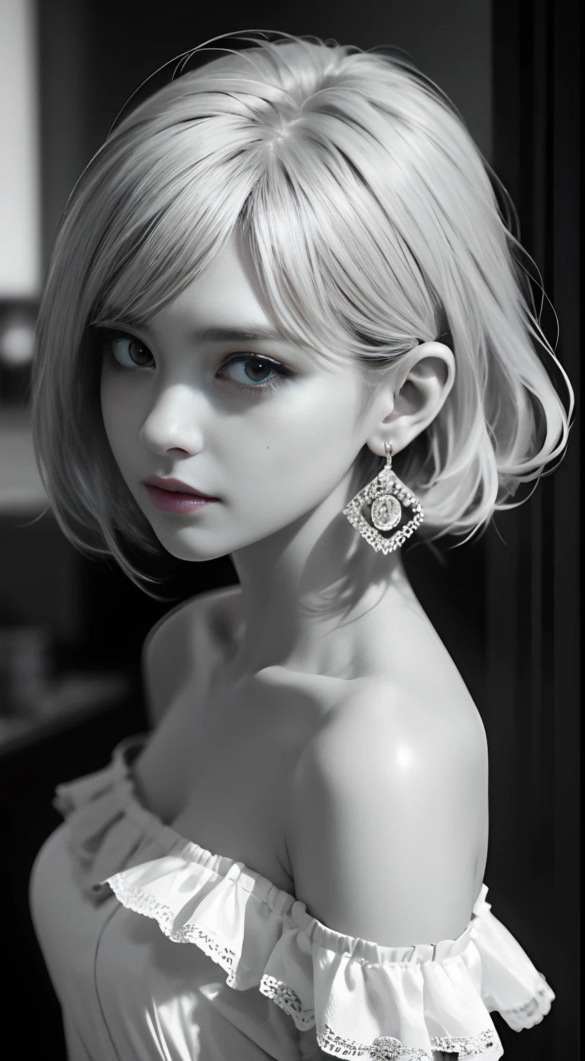 Beautiful girl, high-precision illustrations, monochrome tone effects, chic and sophisticated impression, focus blur envelops her softly, overhead shot composition, pixel-perfect drawing, edge detection, clear expression of details, high-key contrast, tint effect, monochrome world, unique charm, off-shoulder, bust shot, Backlight, Cinematic Light, Retro, Plain Dress, Earrings, Silver Accessories, Short Bob, Long Eyelashes