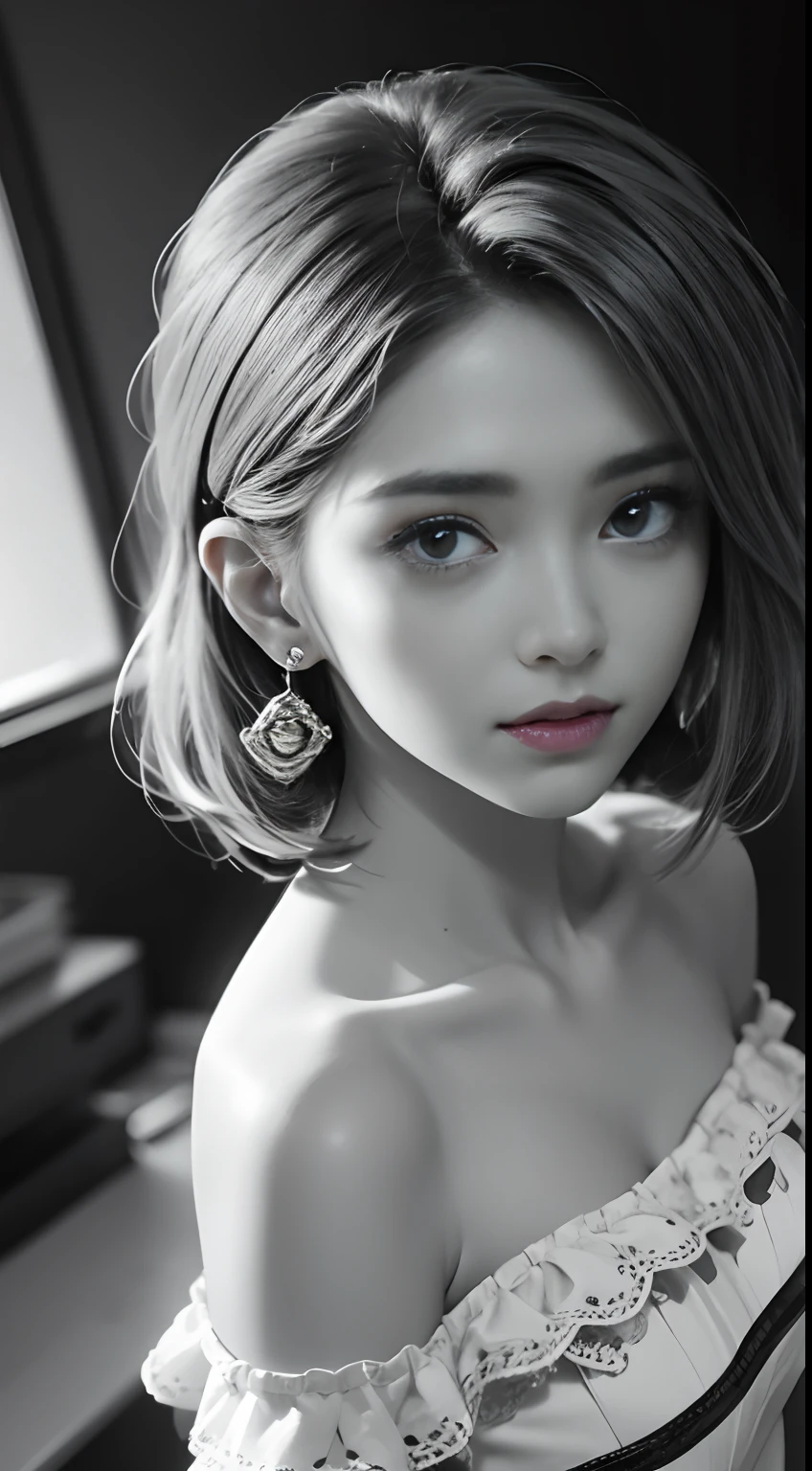 Beautiful girl, high-precision illustrations, monochrome tone effects, chic and sophisticated impression, focus blur envelops her softly, overhead shot composition, pixel-perfect drawing, edge detection, clear expression of details, high-key contrast, tint effect, monochrome world, unique charm, off-shoulder, bust shot, Backlight, Cinematic Light, Retro, Plain Dress, Earrings, Silver Accessories, Short Bob, Long Eyelashes