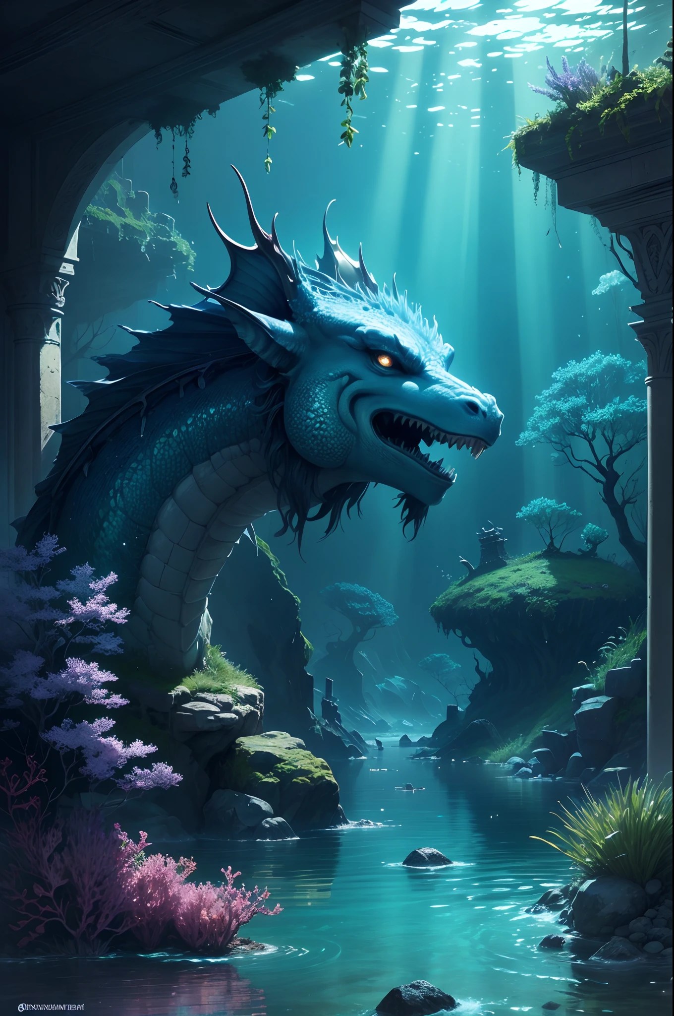 best quality, HDR, ultra-detailed, realistic:1.37, underwater scene, majestic dragon, shimmering moonlight, eerie atmosphere, dark and mysterious, deep-sea creatures, swirling currents, vibrant coral reefs, bioluminescent plants, ethereal glow, surreal landscape, deep blue hues, rays of light penetrating the water, hidden treasures, ancient ruins, peaceful serenity, otherworldly beauty, mythical creature presence, tranquil and mesmerizing, mystical depths, mesmerizing and enchanting, dreamlike ambiance