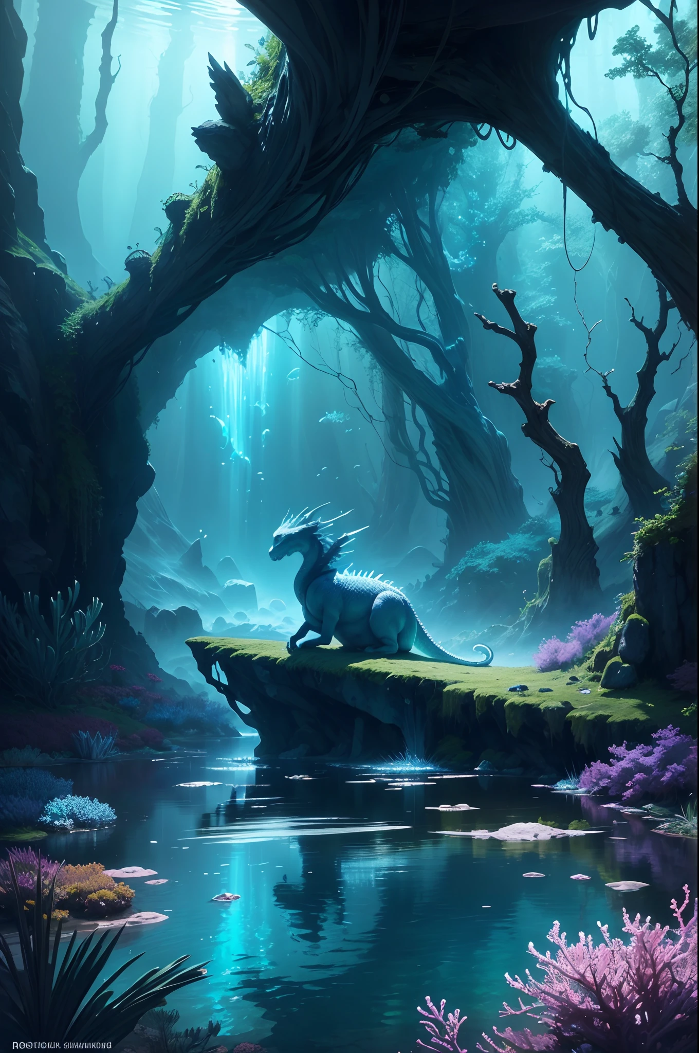 best quality, HDR, ultra-detailed, realistic:1.37, underwater scene, majestic dragon, shimmering moonlight, eerie atmosphere, dark and mysterious, deep-sea creatures, swirling currents, vibrant coral reefs, bioluminescent plants, ethereal glow, surreal landscape, deep blue hues, rays of light penetrating the water, hidden treasures, ancient ruins, peaceful serenity, otherworldly beauty, mythical creature presence, tranquil and mesmerizing, mystical depths, mesmerizing and enchanting, dreamlike ambiance