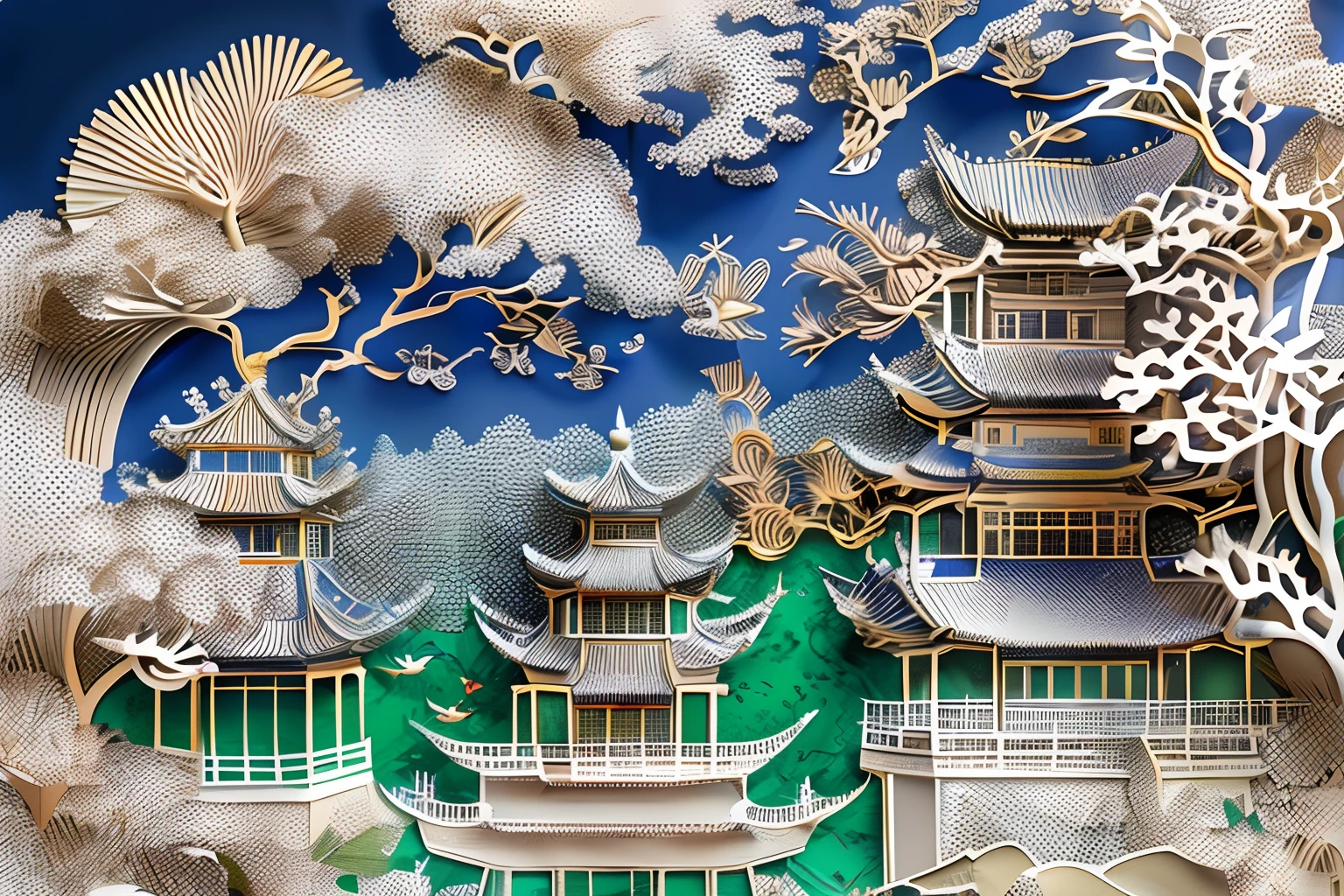 (((Masterpiece))),Best quality, illustration, best quality exquisite details,3D rendering of,rendering by octane, Paper_cut. ,Suzhou Garden under the stars,Chinese architecture,gardens,mountain water,Sea of clouds,