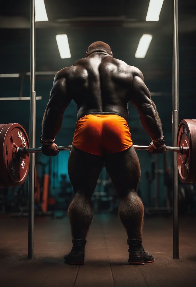 A gorilla bodybuilder in 3d art dressed in shorts a weight room from the back doing a squat with a loaded bar