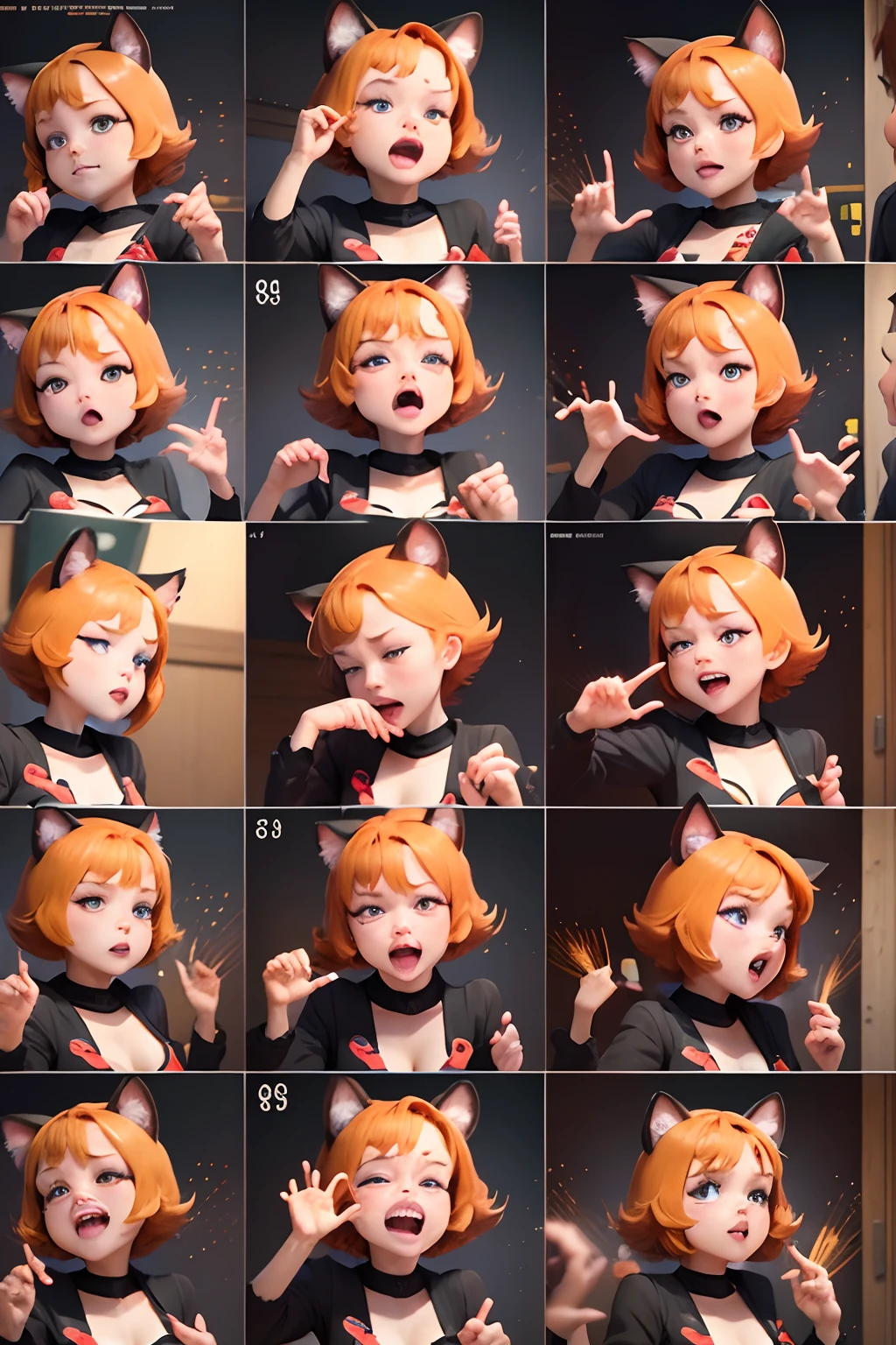 red-haired girls，emoji pack，cat ear，short hair，orange hair，（9 emojis，Emoji sheet，Align arrangement)，9 poses and expressions（Grief，amazement，Have fun，excitement，big laughs，doubt，angry ，Touch the head，Sell moe, wait），anthropomorphic style，Disney style，black features，9 different emotions，9 poses and expressions，8k