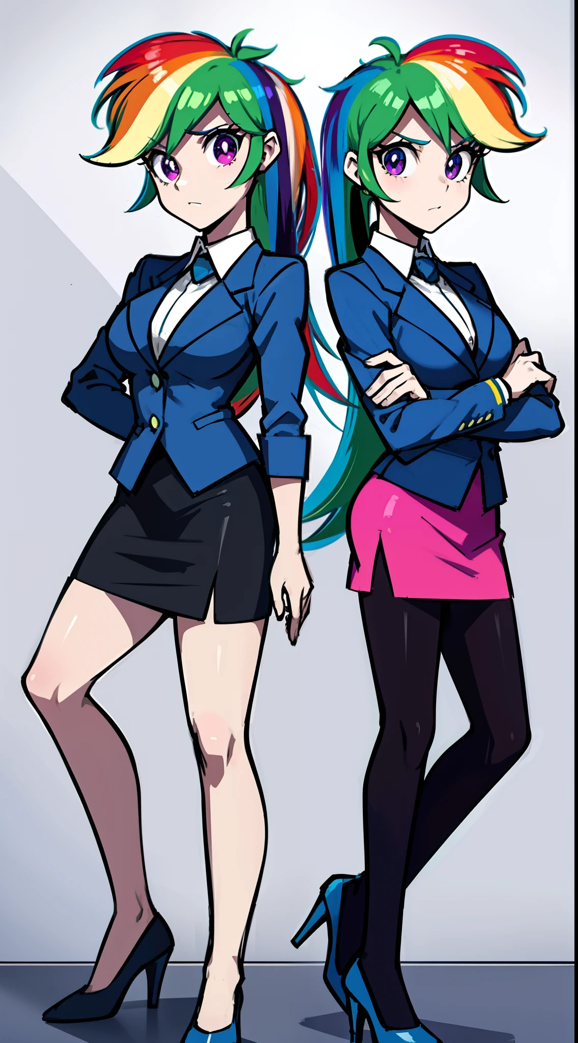 Rainbow Dash, Rainbow Dash of My Little Pony, Rainbow Dash as a girl, 2girls, duo, identical twins, clones, blue skirt suit, business suit, blue blazer, blue pencil skirt, bare legs, black high heels, office lady, duo pose, posing, office background, full body, (matching outfits)