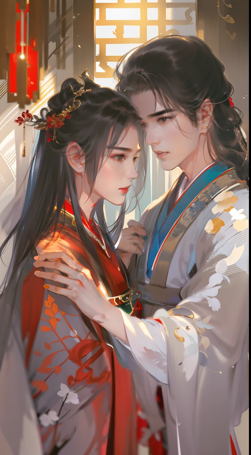 A handsome Chinese boy and girl rushed to each other, the whole body, gentle eyes, clear facial features, wearing Hanfu, body surrounded by dark green mist, runes around, holographic reality, holographic halo, motion blur, game light effects, edge light, soft light, movie edge light, delicate light