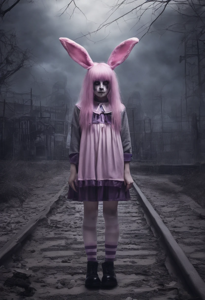 bunny girl, rose hair, pink hare ears and tail, purple dress with a short skirt, black knee socks with white stripes, lilac iris in the eyes, White boots, Against the backdrop of a dead amusement park, blood on the clothes, dead Tula rabbits on the ground, risk in the hand