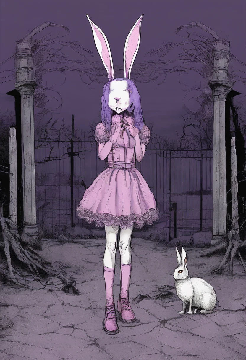 bunny girl, rose hair, pink hare ears and tail, purple dress with a short skirt, black knee socks with white stripes, lilac iris in the eyes, White boots, Against the backdrop of a dead amusement park, blood on the clothes, dead Tula rabbits on the ground, risk in the hand