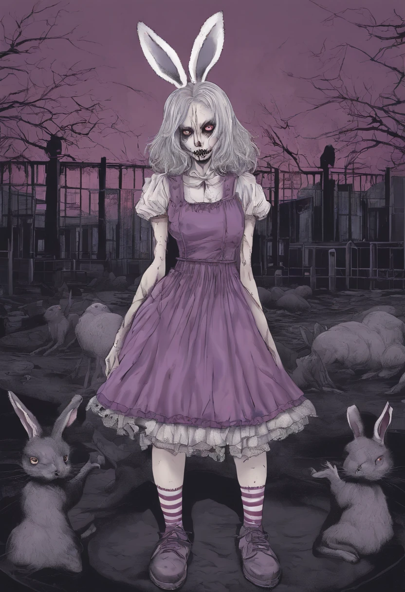 bunny girl, rose hair, pink hare ears and tail, purple dress with a short skirt, black knee socks with white stripes, lilac iris in the eyes, White boots, Against the backdrop of a dead amusement park, blood on the clothes, dead Tula rabbits on the ground, risk in the hand