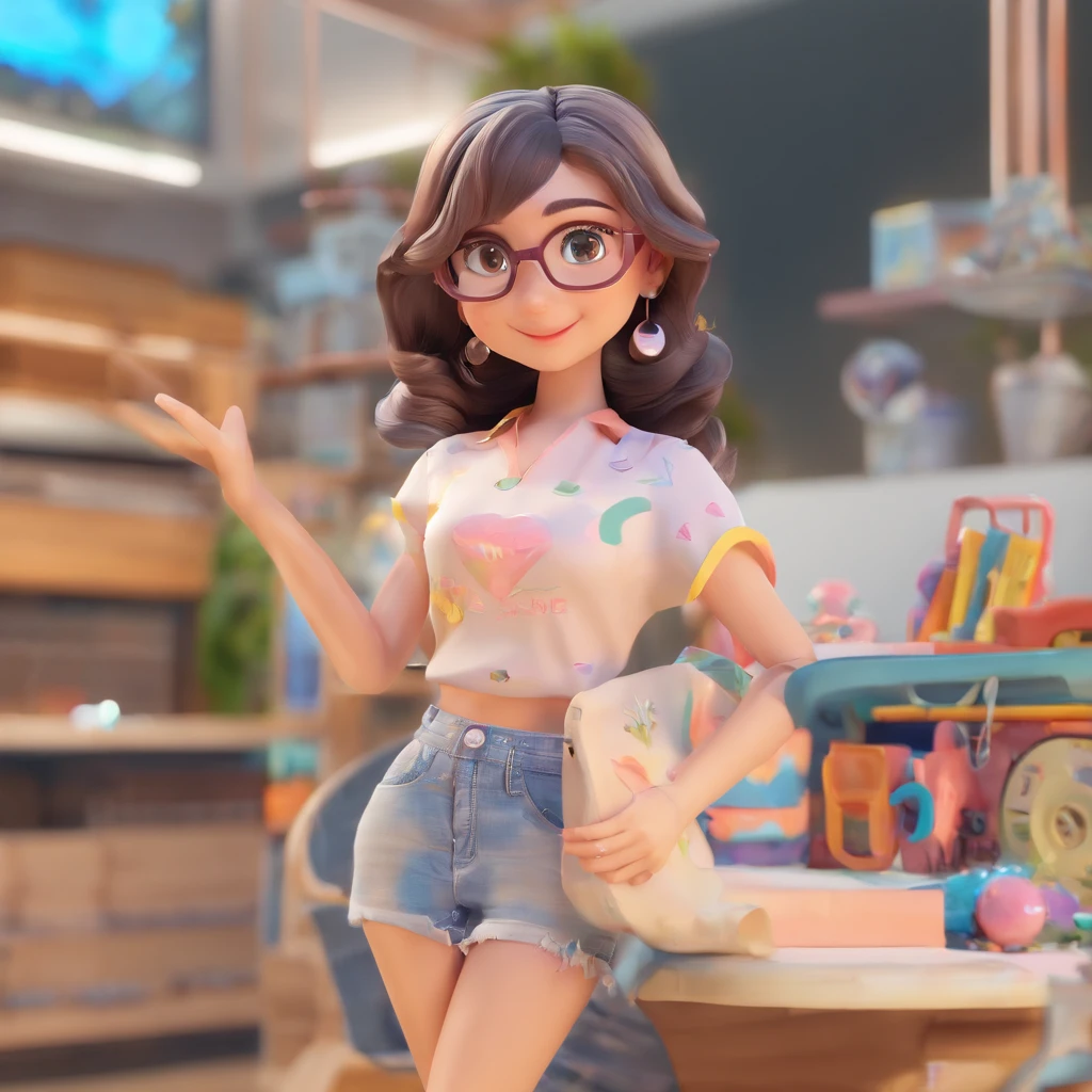 super bonito IP por pop mart, olhos brilhantes, querubim,Vestidinho branco, argila, Modelos, um brinquedo de caixa cega, Brilhante e delicado,fundo limpo, Bom brilho, 3D rendering of,best quality, professora, usando blusa roxa e jeans, 4k