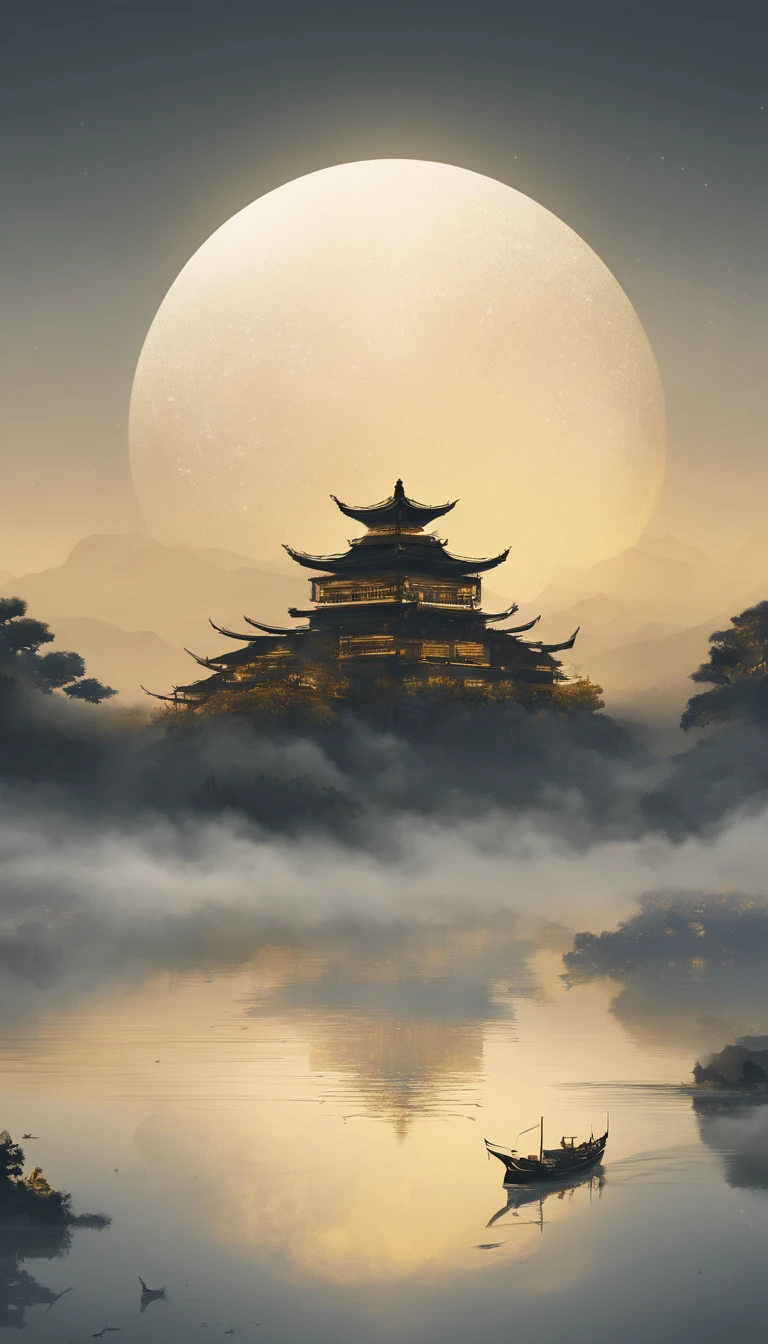 unmanned , outdoors , night , dream ,( dense fog :1.4), circular moon , mountain , river , the golden bough , sky , gold decoration ,
( minimalism :1.4), chinese classical art , yellow long upper shan , movie poster , a minimalist background ,3D, clean screen ,
Best quality , perfect lighting , Masterpiece , Official art ,8k, wallpar
huge filesize , huge file size , super Detailed , oc renderer ,
symmetrical shopping ,