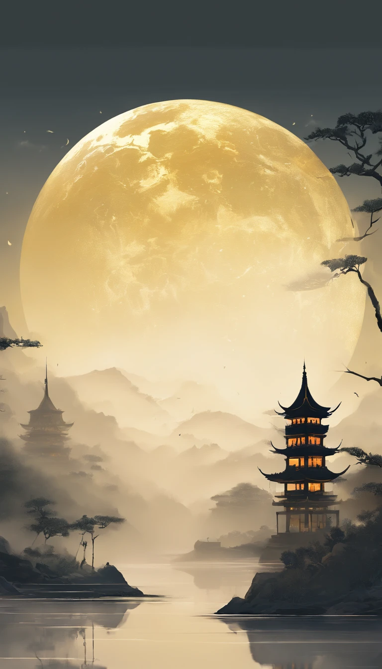 unmanned , outdoors , night , dream ,( dense fog :1.4), circular moon , mountain , river , the golden bough , sky , gold decoration ,
( minimalism :1.4), chinese classical art , yellow long upper shan , movie poster , a minimalist background ,3D, clean screen ,
 Best quality , perfect lighting , Masterpiece , Official art ,8k, wallpar 
 huge filesize , huge file size , super Detailed , oc renderer ,
 symmetrical shopping ,