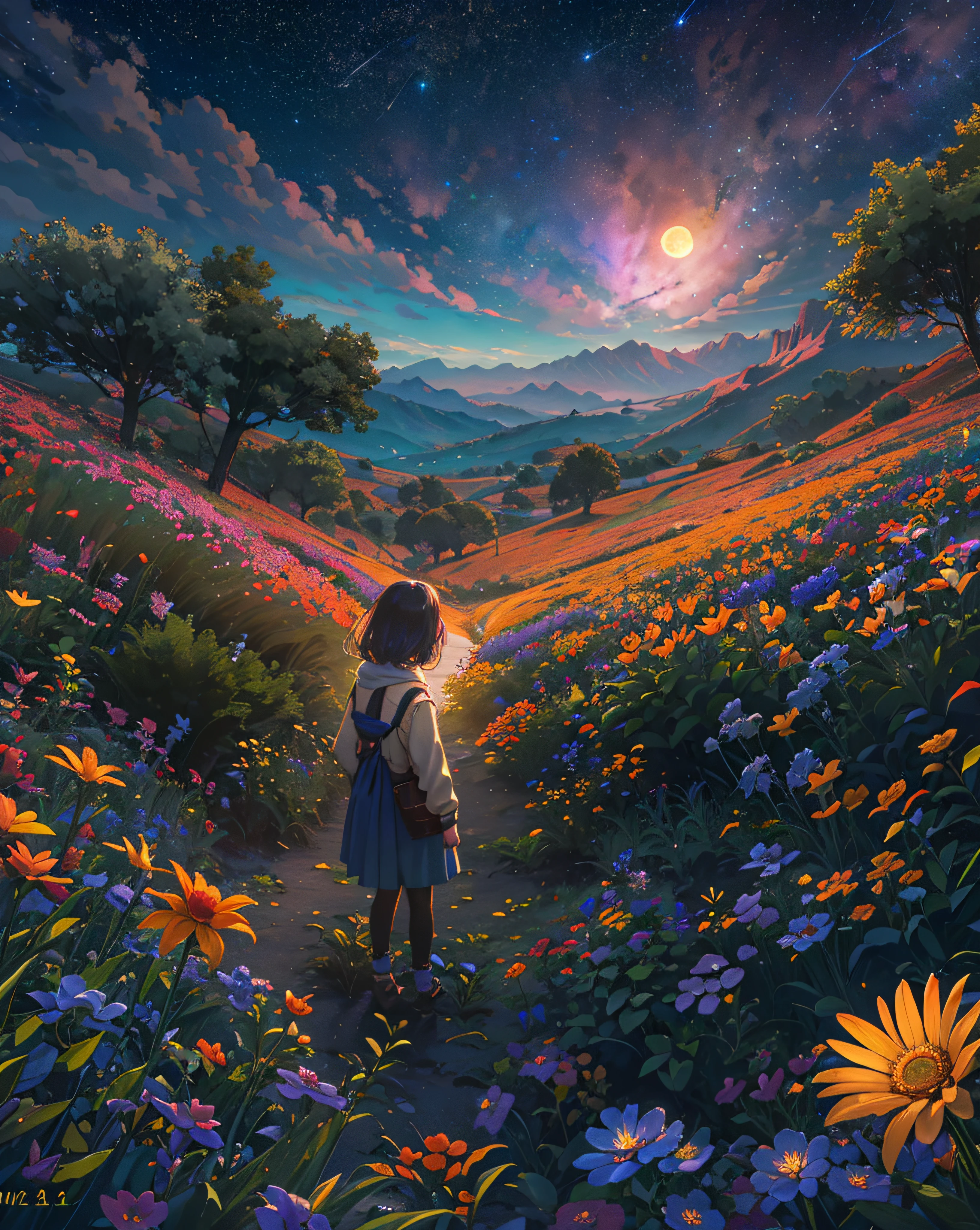 Expansive landscape photograph, (view from below with a view of the sky and wilderness below), little girl standing in a flower field looking up, (full moon: 1.2), (shooting star: 0.9), (nebula: 1.3), distant mountain, tree break production art, (warm light source: 1.2), (firefly: 1.2), lamp, purple and orange, intricate detail, volume lighting, realism break (masterpiece: 1.2) (Best Quality), 4K, Ultra-Detailed, (Dynamic Configuration: 1.4), Highly Detailed and Colorful Details, (Iridescent Colors: 1.2), (Glowing Lighting, Atmospheric Lighting), Dreamy, Magical, (Solo: 1.2)