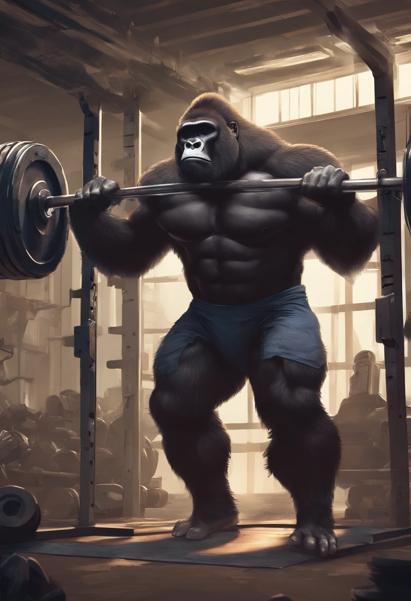 A gorilla bodybuilder in 3d art dressed in shorts a weight room from the back doing a squat with a loaded bar