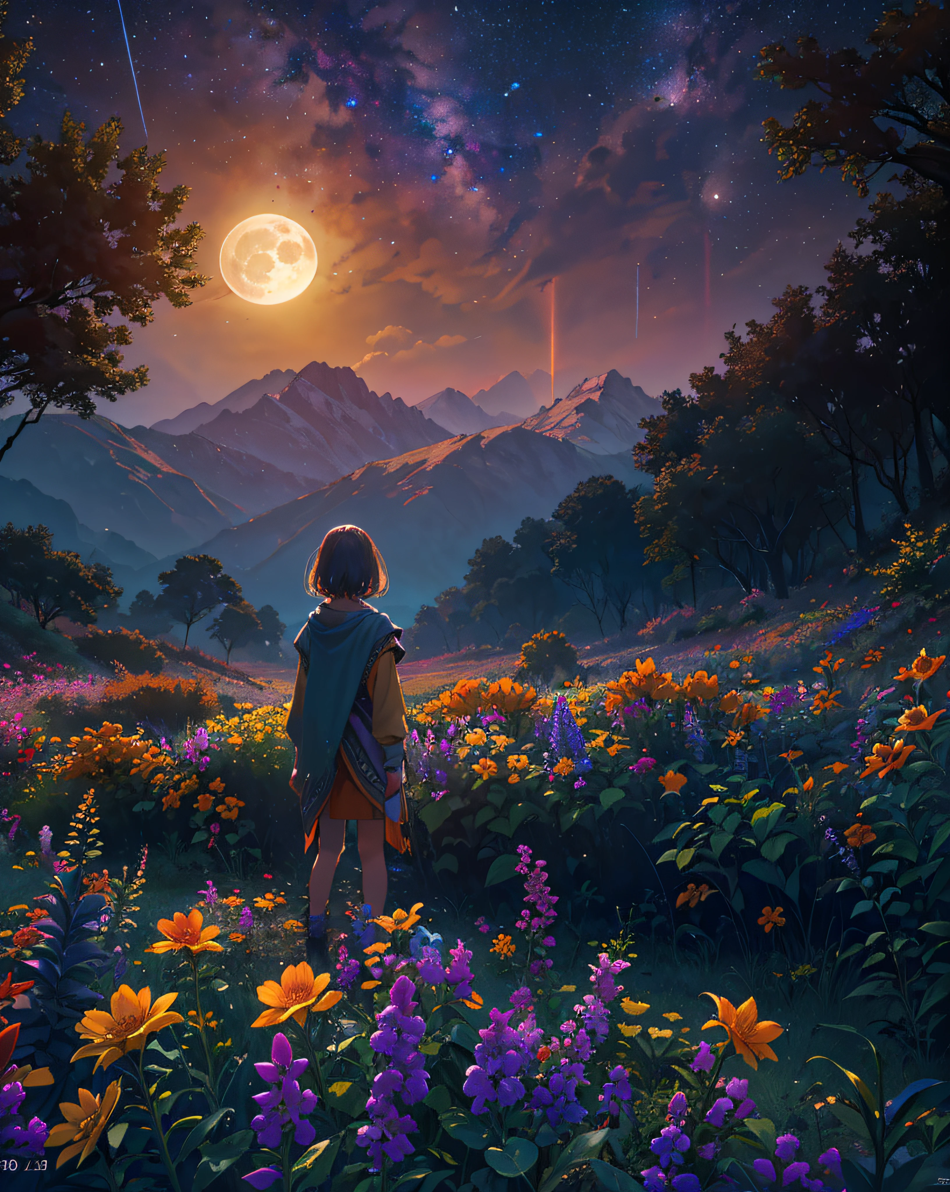 Expansive landscape photograph, (view from below with a view of the sky and wilderness below), little girl standing in a flower field looking up, (full moon: 1.2), (shooting star: 0.9), (nebula: 1.3), distant mountain, tree break production art, (warm light source: 1.2), (firefly: 1.2), lamp, purple and orange, intricate detail, volume lighting, realism break (masterpiece: 1.2) (Best Quality), 4K, Ultra-Detailed, (Dynamic Configuration: 1.4), Highly Detailed and Colorful Details, (Iridescent Colors: 1.2), (Glowing Lighting, Atmospheric Lighting), Dreamy, Magical, (Solo: 1.2)