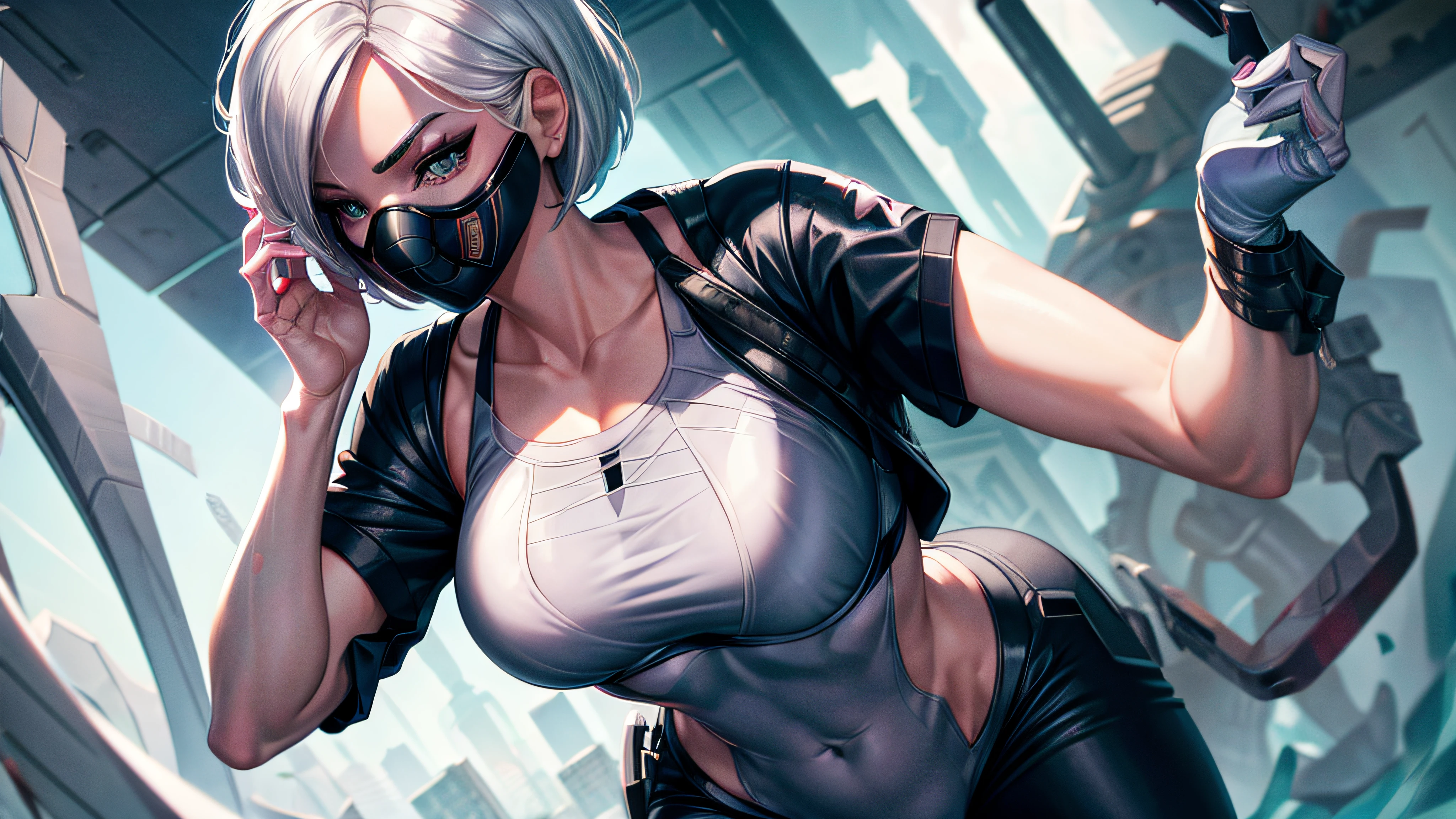 Spidergwen wearing teacher outfit and gasmask , white sports bra , boasting pose , no hoodie , white hair , white eyes , masterpiece , void background
