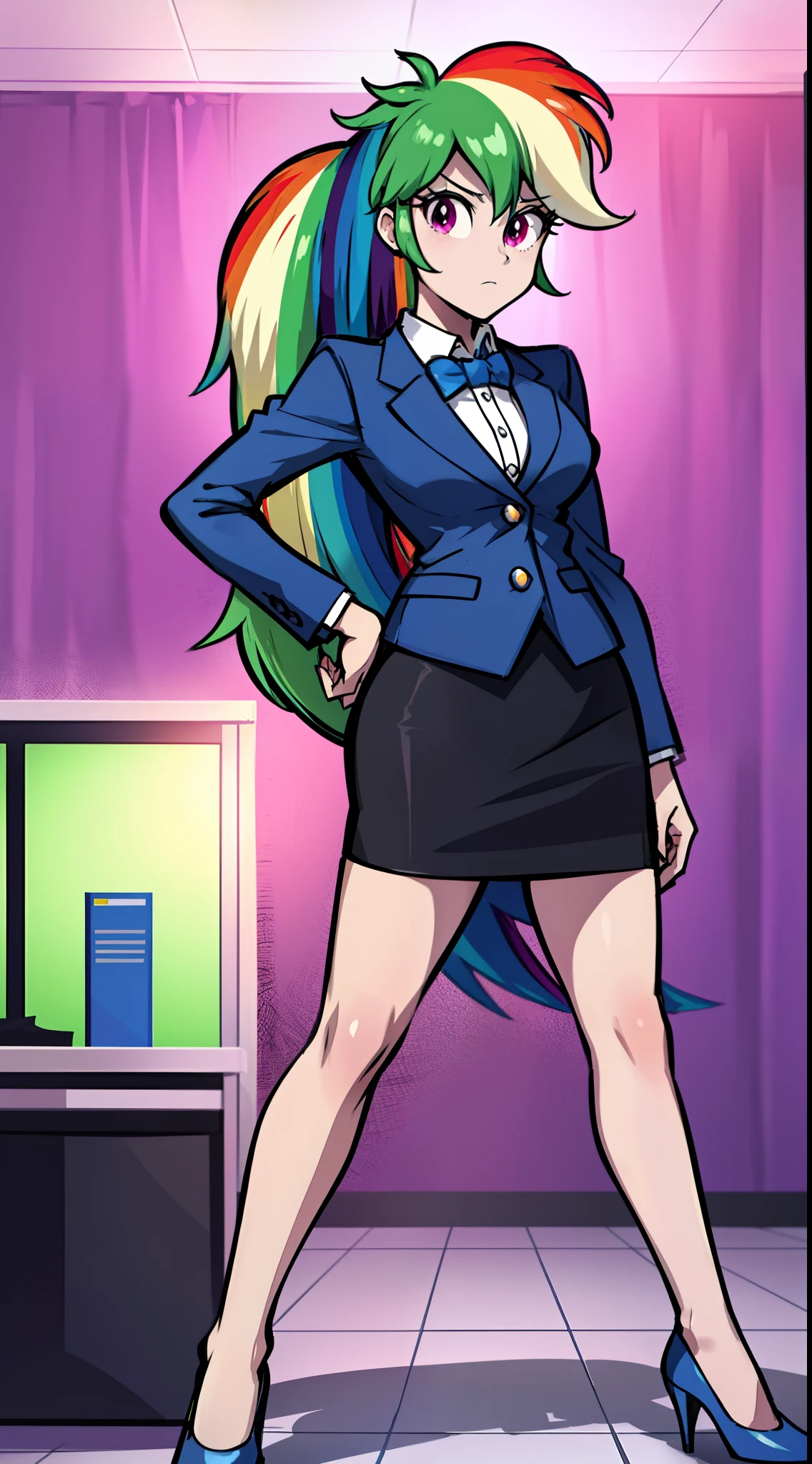 Rainbow Dash, Rainbow Dash of My Little Pony, Rainbow Dash as a girl, 1girl, solo, blue skirt suit, business suit, blue blazer, blue pencil skirt, bare calves, black high heels, office lady, duo pose, posing, office background, full body, (matching outfits)