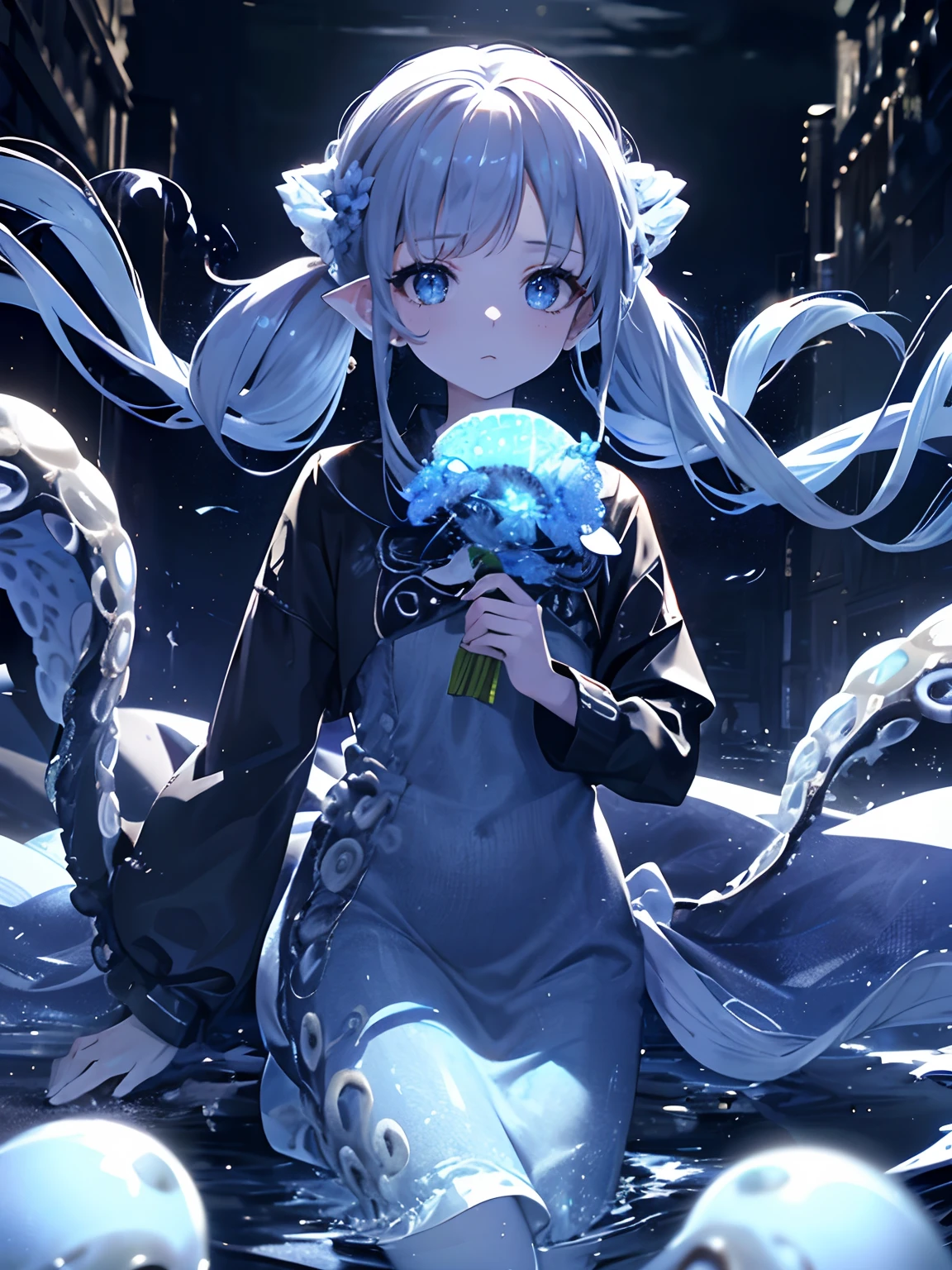 (Obra maestra, La mejor calidad, ultrahigh resolution),1girl,Cara hermosa y detallada, ojos detallados,(Chica calamar, tentacles), Traje de Jirai Kei,en la playa,Noche,((Tema gris y azul)),colas gemelas