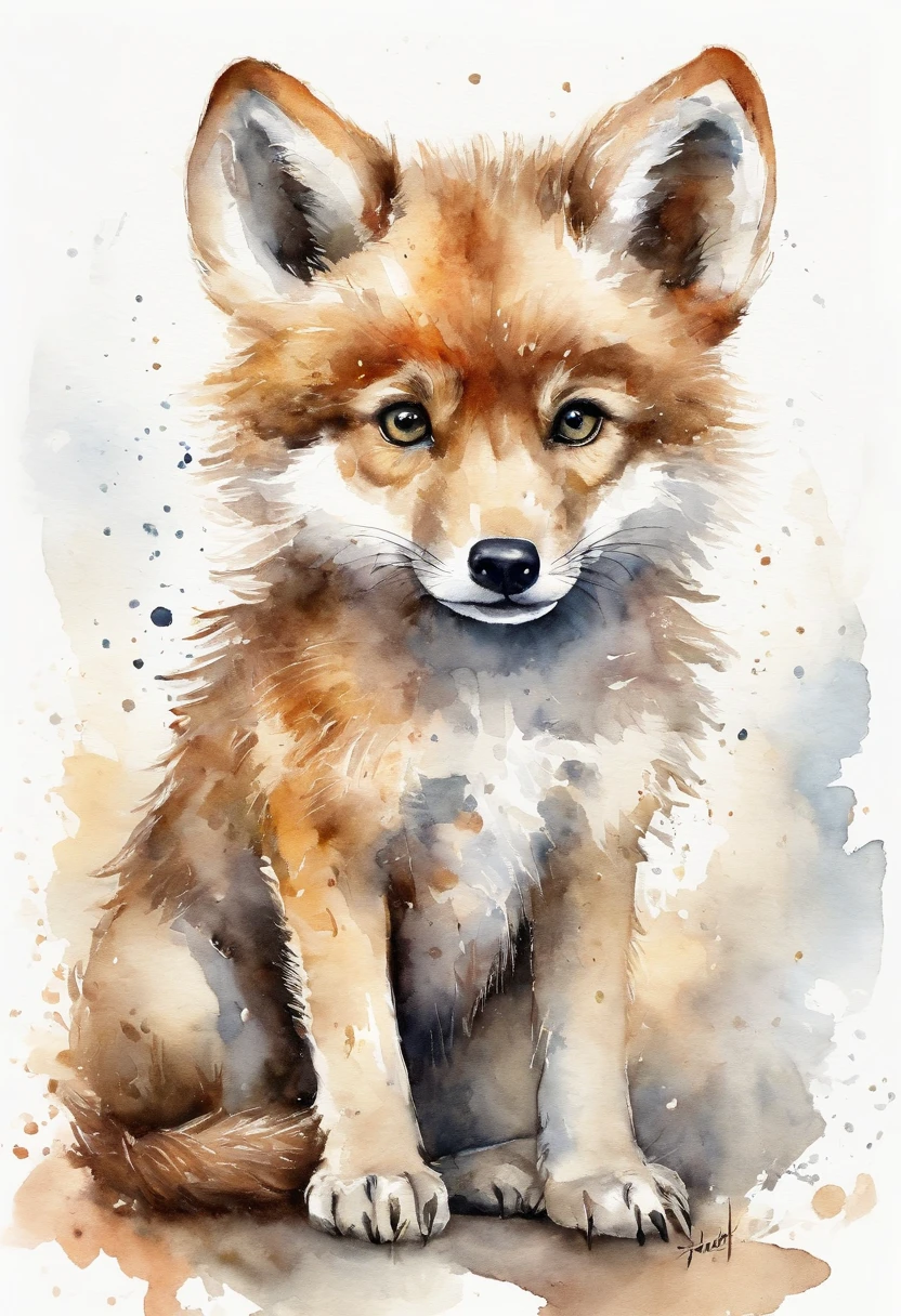 1 cute little wolf, full body, cartoon, (((watercolor))), white background
