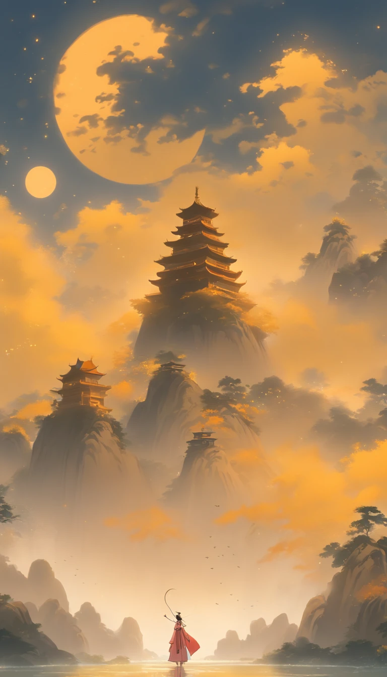 unmanned , outdoors , night , dream ,( dense fog :1.4), circular moon , mountain , river , the golden bough , sky , gold decoration ,
( minimalism :1.4), chinese classical art , yellow long upper shan , movie poster , a minimalist background ,3D, clean screen ,
 Best quality , perfect lighting , Masterpiece , Official art ,8k, wallpar 
 huge filesize , huge file size , super Detailed , oc renderer ,
 symmetrical shopping ,