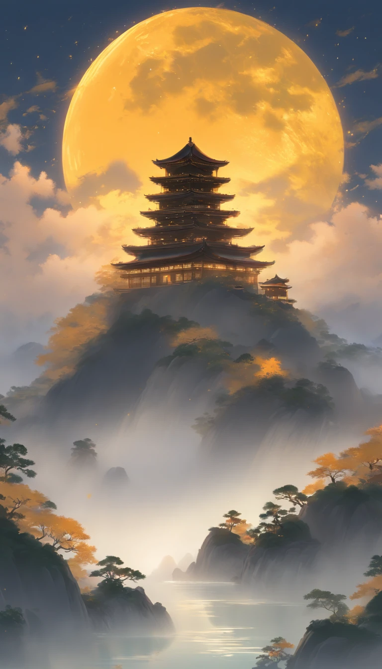 unmanned , outdoors , night , dream ,( dense fog :1.4), circular moon , mountain , river , the golden bough , sky , gold decoration ,
( minimalism :1.4), chinese classical art , yellow long upper shan , movie poster , a minimalist background ,3D, clean screen ,
 Best quality , perfect lighting , Masterpiece , Official art ,8k, wallpar 
 huge filesize , huge file size , super Detailed , oc renderer ,
 symmetrical shopping ,