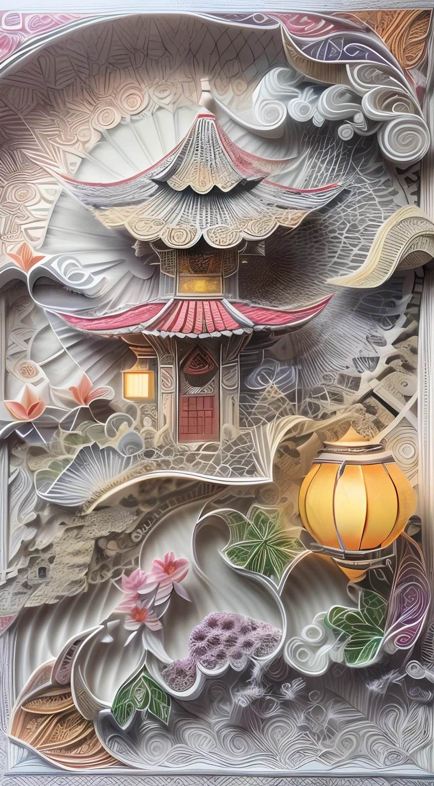 （Charming Chinese garden scenery，Chinese style buildings，mountain water)，White background，(paper art, Quilted paper art:1.2, geomerty:1.1, zentangle,a 3D render), (Extremely colorful, Best quality, Detailed details, Masterpiece, offcial art, movie light effect, 4K)