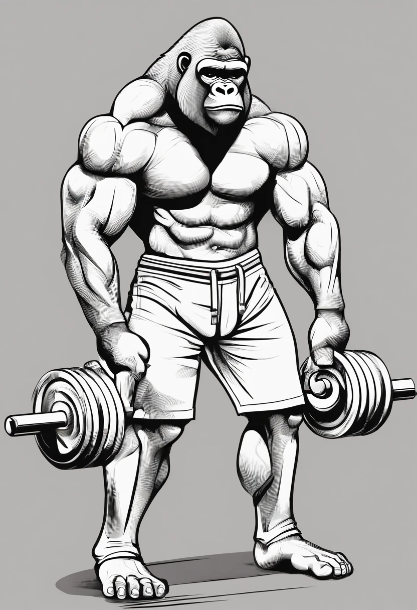 A gorilla bodybuilder in 3d art dressed in shorts a weight room from the back doing a squat with a loaded bar