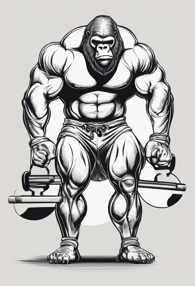 A gorilla bodybuilder in 3d art dressed in shorts a weight room from the back doing a squat with a loaded bar