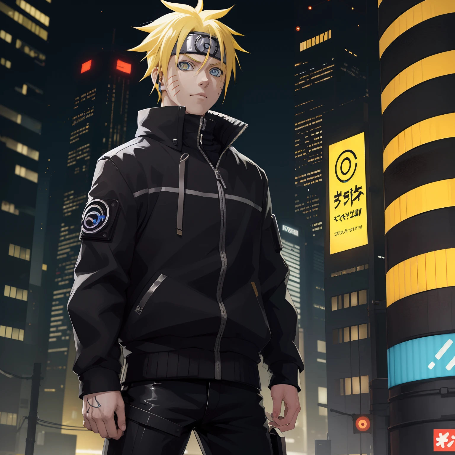 cyber punk, city, 1boy, yellow hair, blue eyes, cyborg, Uzumaki Naruto