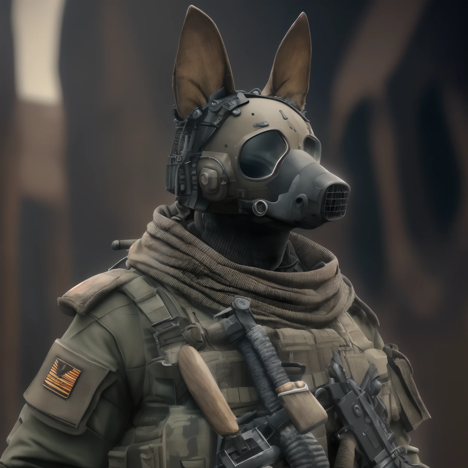 Mantendo a cara de um Xoloitzcuintle, High quality special forces suit, ((Fuzil de alto detalhe com escopos)), Fundos de guerra de alto detalhe, Stereoscopic effect, 3d renderizado, (best illustration), (CG super detalhado), pintura digital, ultra-definition, --iOS 120, Meticulous writing, HDR, detalhes extremamente altos, motor irreal, cores ricas, octane rendering, 8k, Os ultra-Highres, Antecedentes distintos