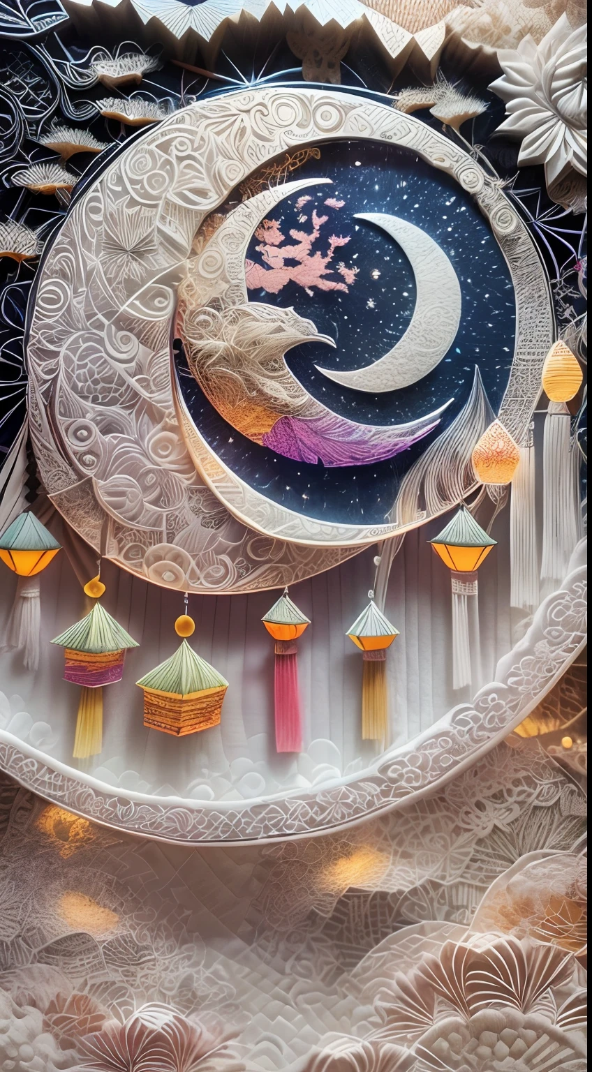 (themoon,edgBunny,Chang'e,Lanterns,Mid-Autumn Festival),White background,(paper art, Quilted paper art:1.2, geomerty:1.1, zentangle,a 3D render), (Extremely colorful, Best quality, Detailed details, Masterpiece, offcial art, movie light effect, 4K)