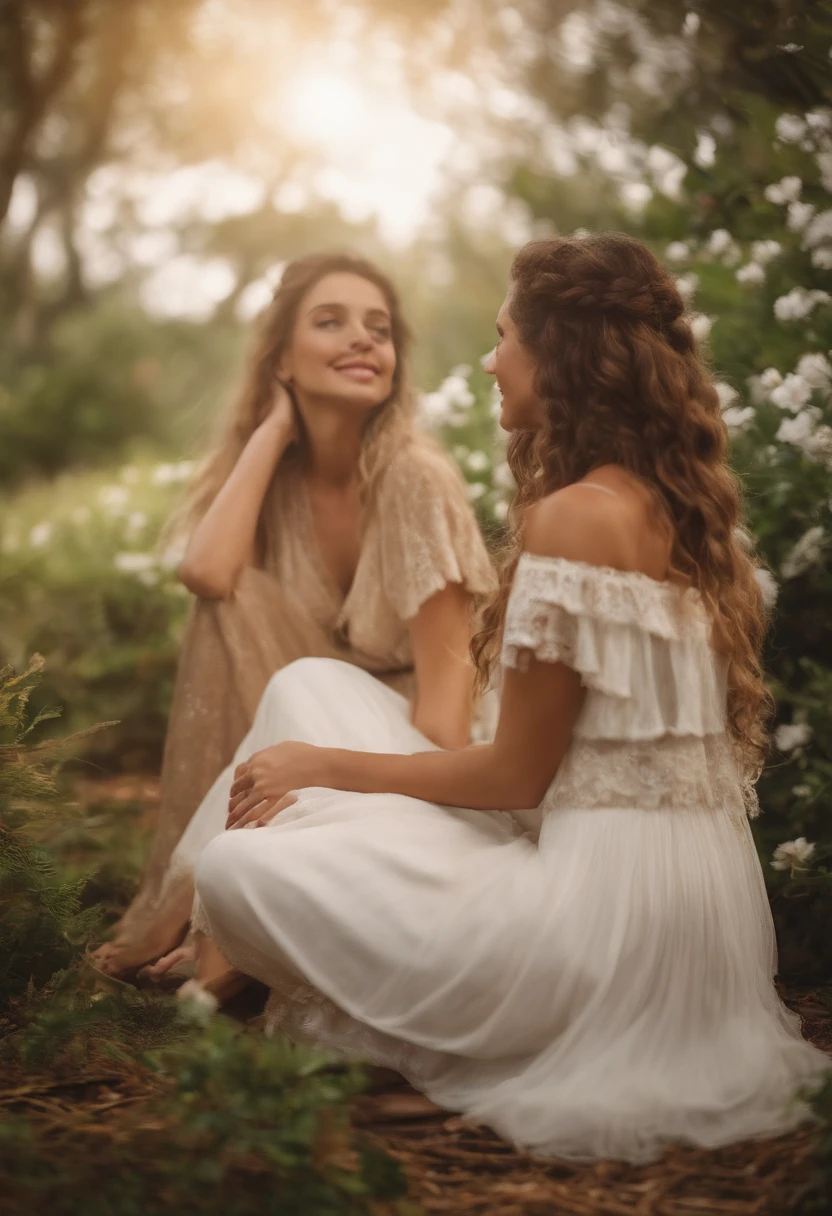 personagem de livro cabelo loiro claro, liso e curto, tem 2 amigas, sentadas no jardim e boca sorrindo, a pele clara, olhos castanhos, 30 anos